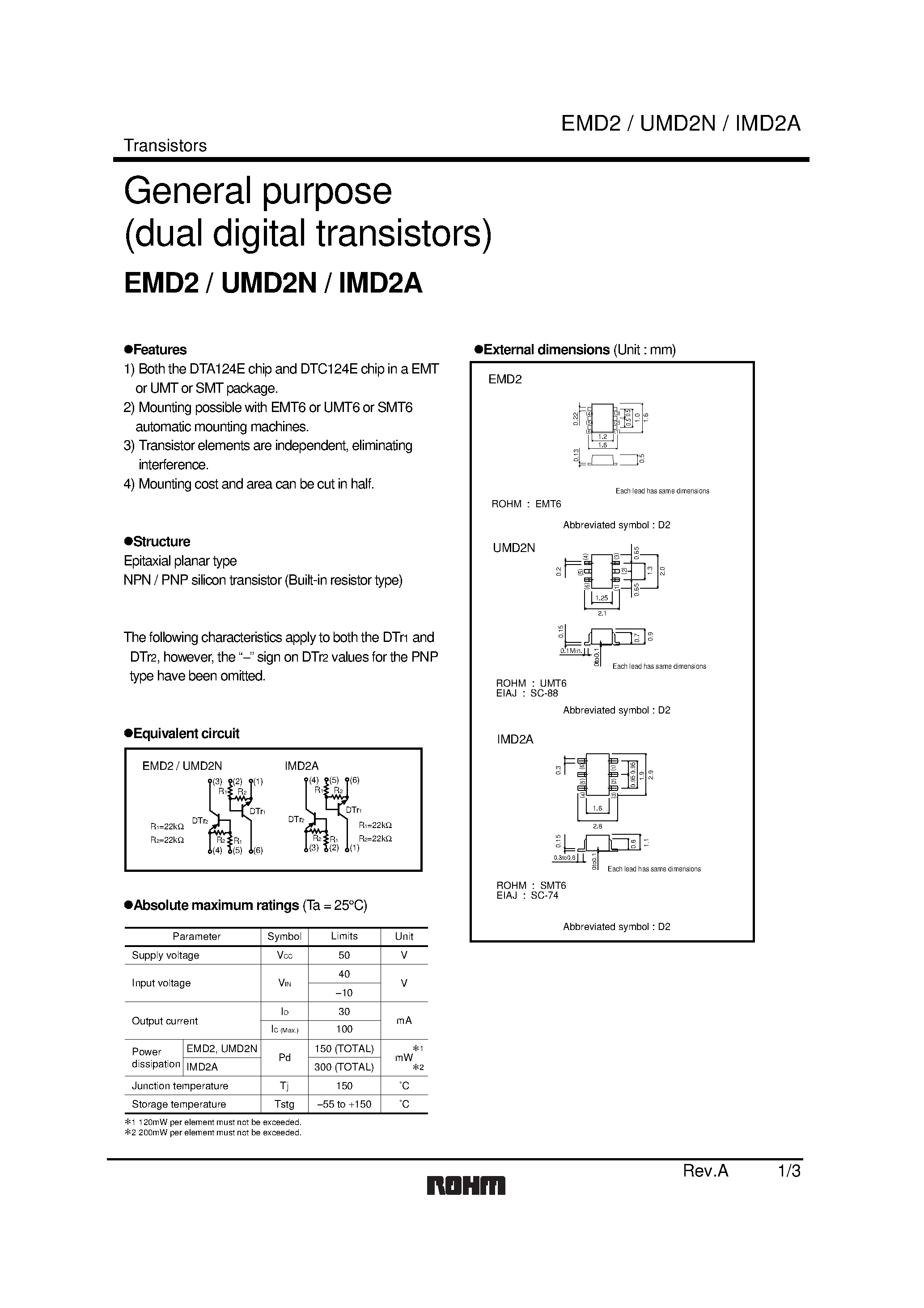 Даташит EMD2T2R - General purpose (dual digital transistors) страница 1