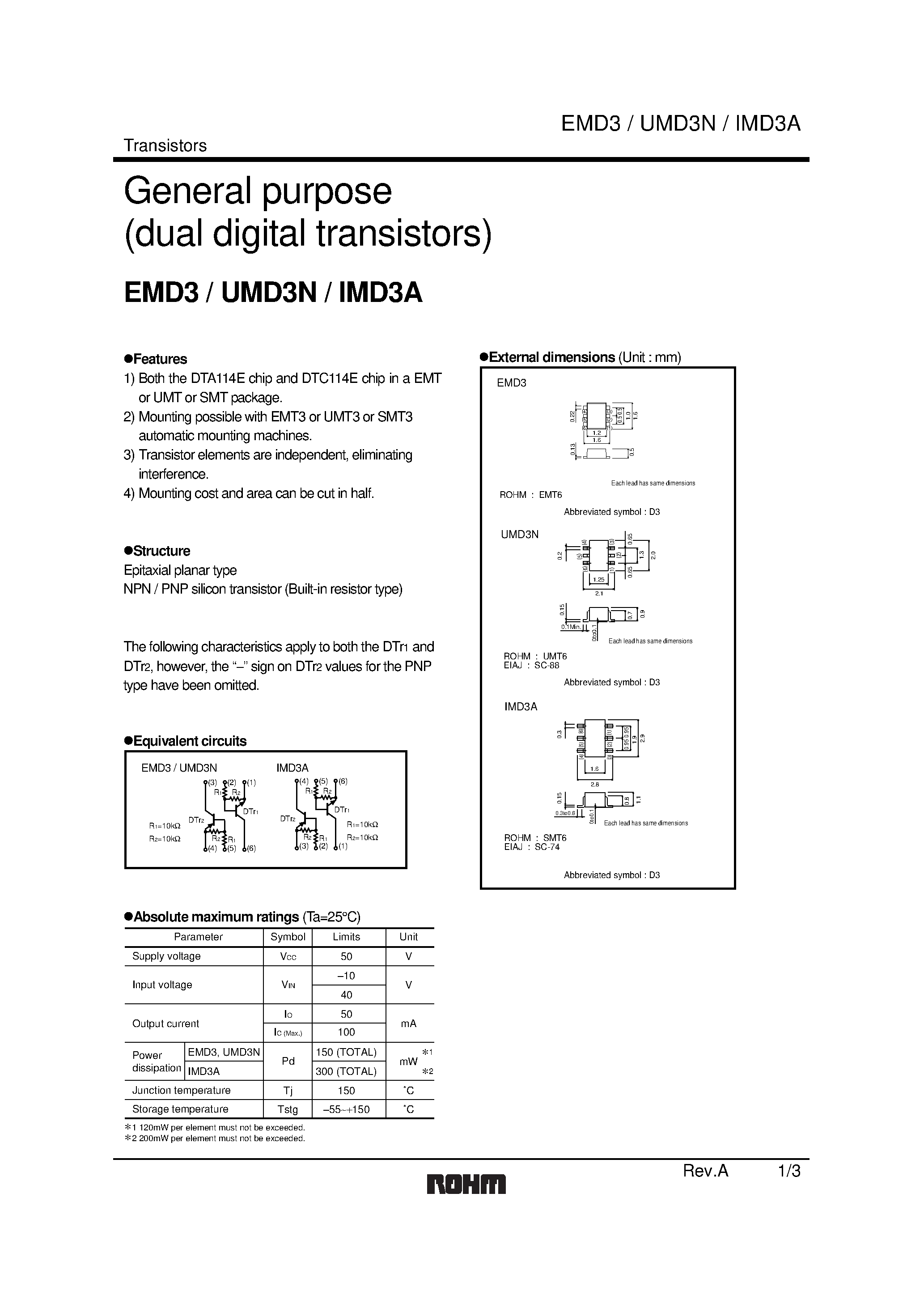 Даташит EMD3T2R - General purpose (dual digital transistors) страница 1