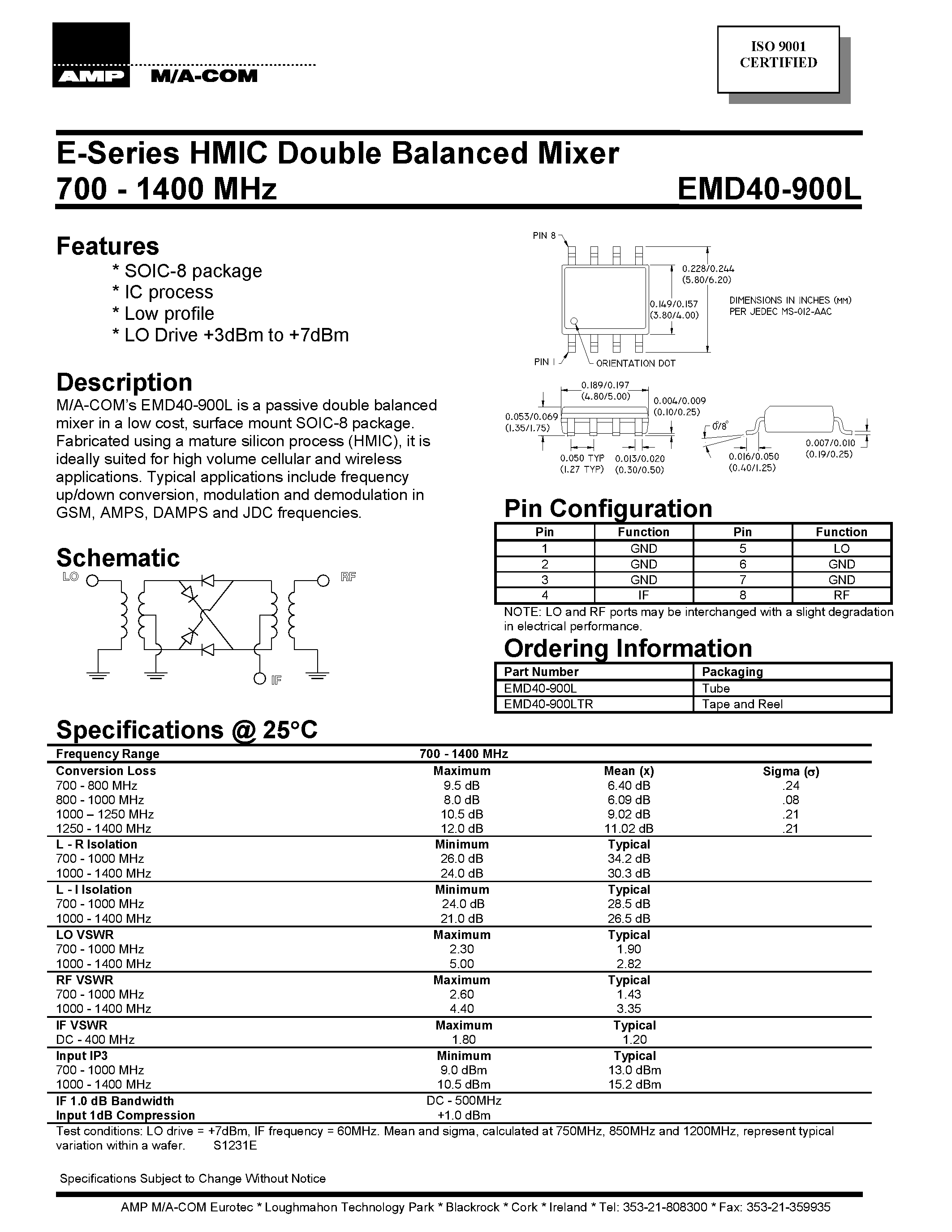 Даташит EMD40-900LTR - E-Series HMIC Double Balanced Mixer 700 - 1400 MHz страница 1