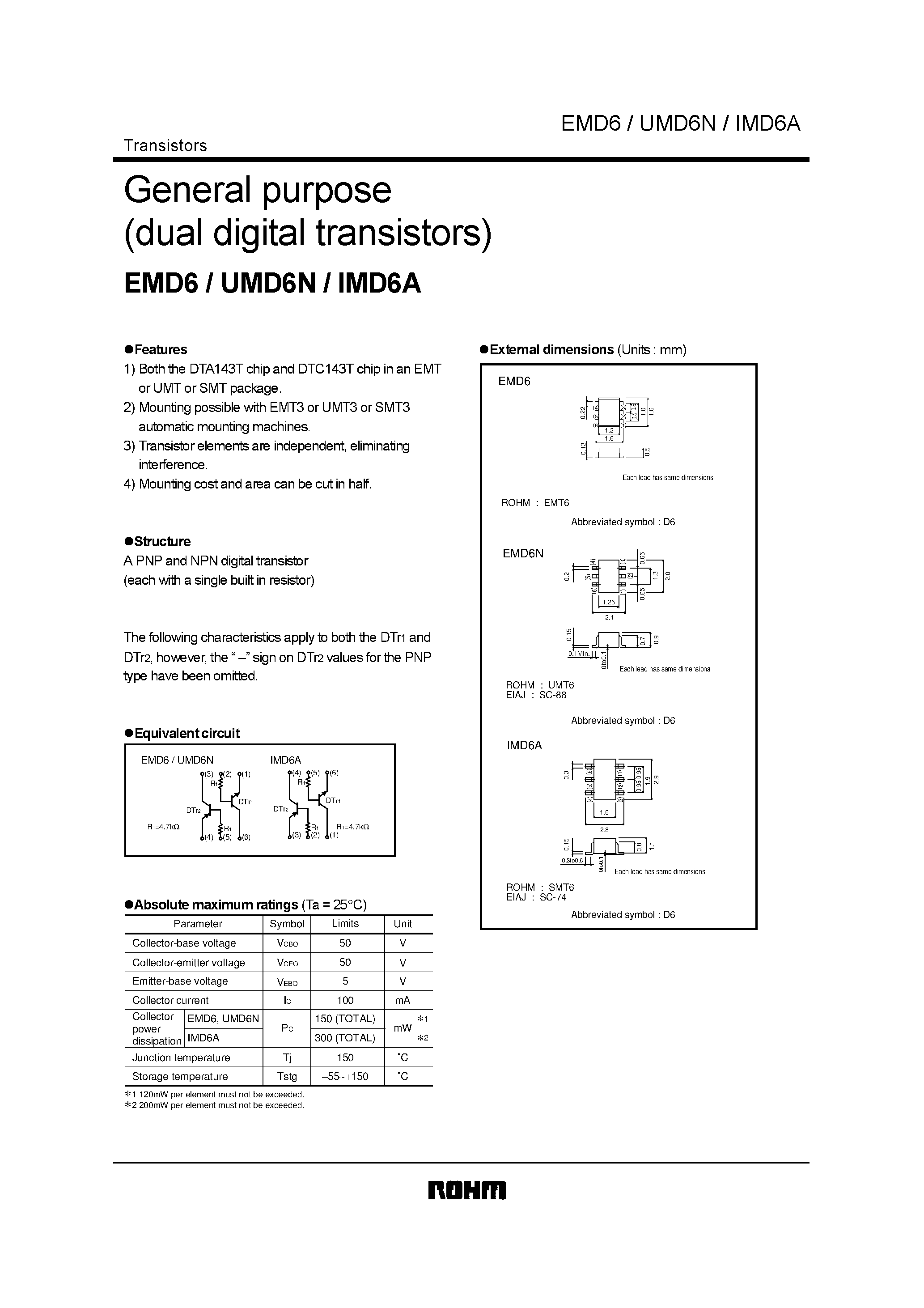 Даташит EMD6 - General purpose (dual digital transistors) страница 1