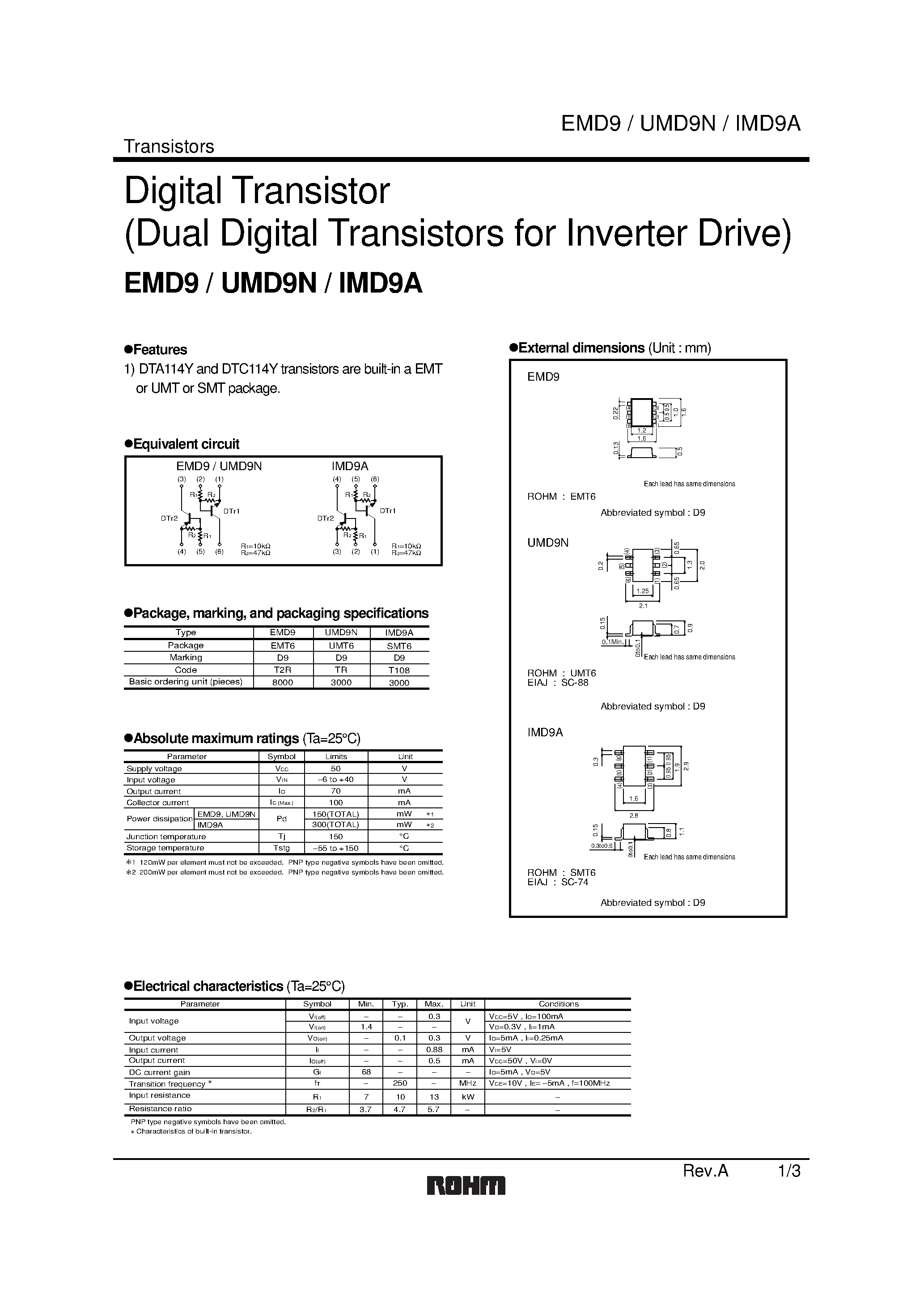 Даташит EMD9 - Digital Transistor (Dual Digital Transistors for Inverter Drive) страница 1