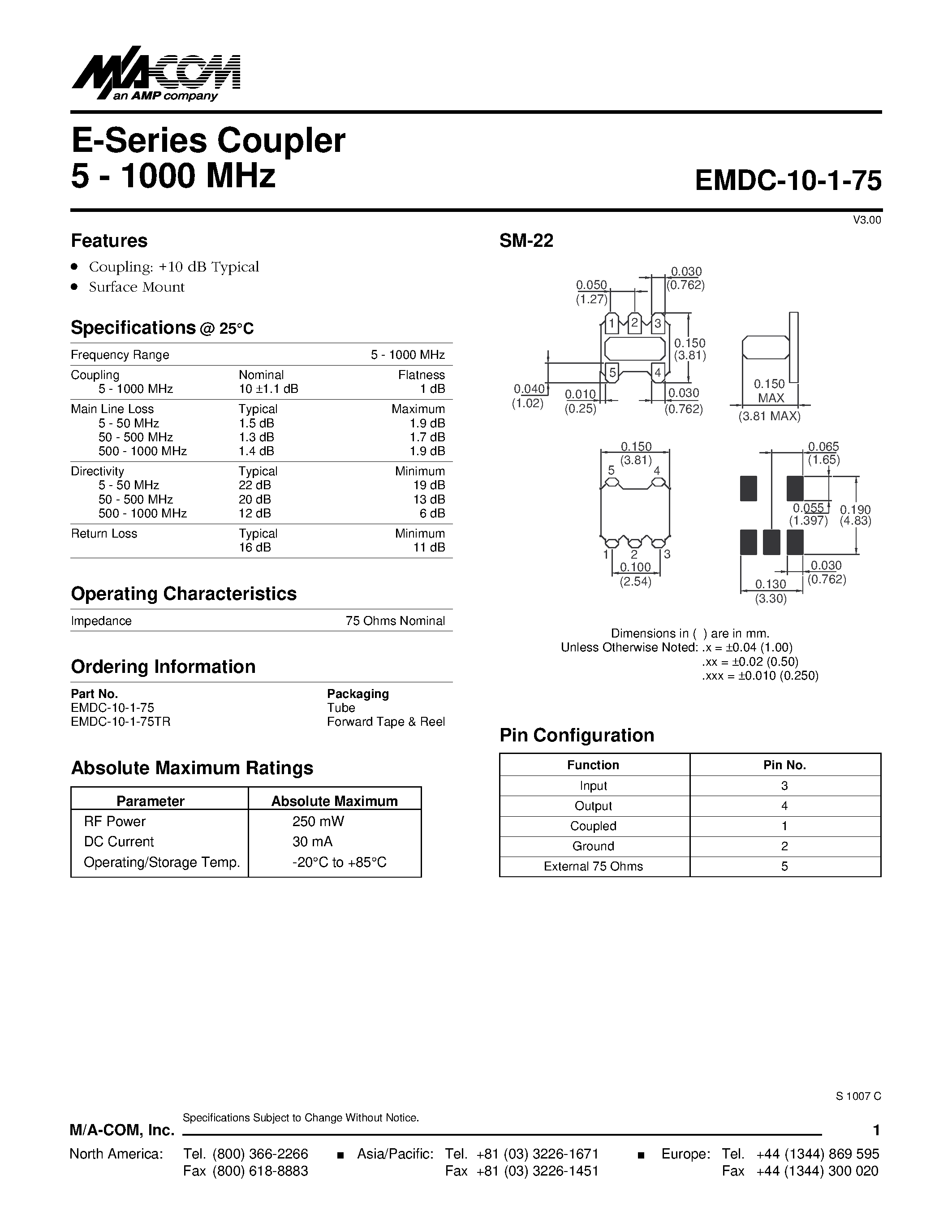 Datasheet EMDC-10-1-75TR page 1 Datasheet EMDC-10-1-75TR - E-Series Coupler 5 - 1000 MHz page 1