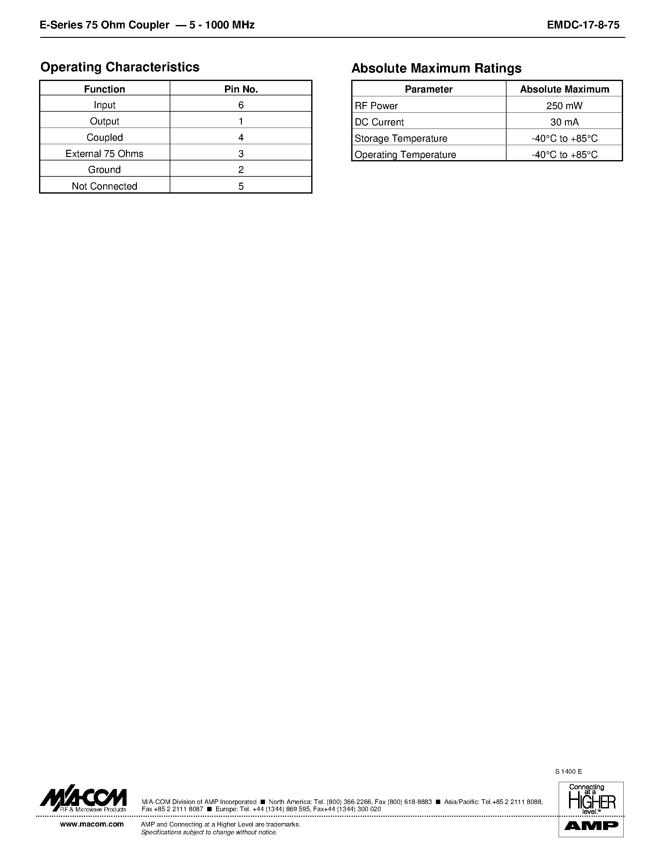 Datasheet EMDC-17-8-75 page 2 Datasheet EMDC-17-8-75 - E-Series 75 Ohm Coupler 5 - 1000 MHZ page 2