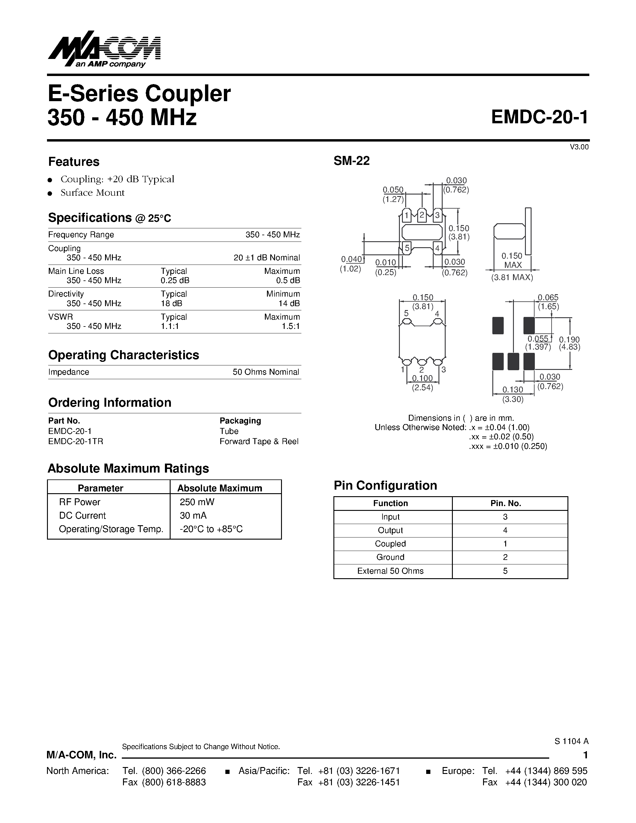 Даташит EMDC-20-1 - E-Series Coupler 350 - 450 MHz страница 1