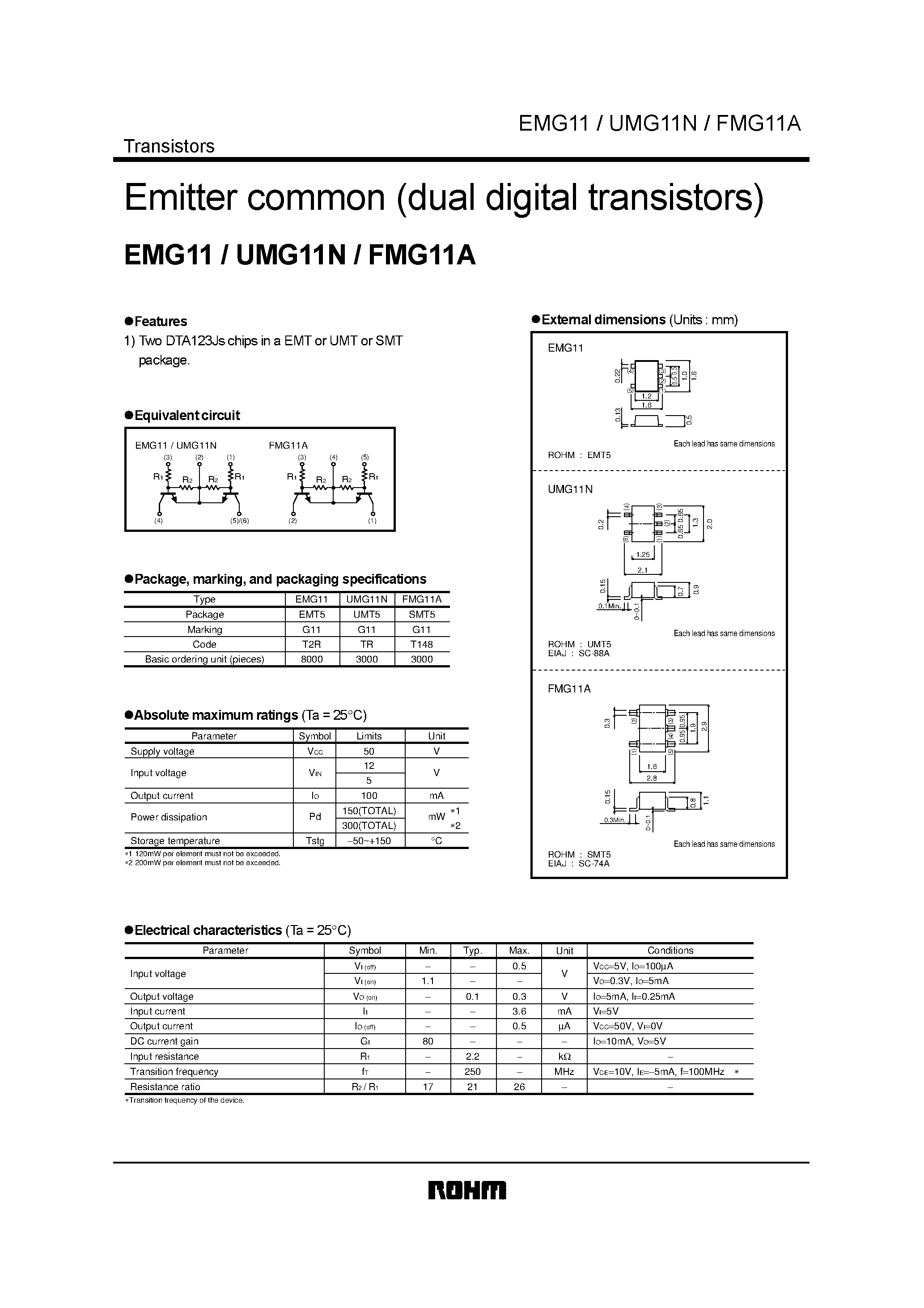 Даташит EMG11 - Emitter common (dual digital transistors) страница 1