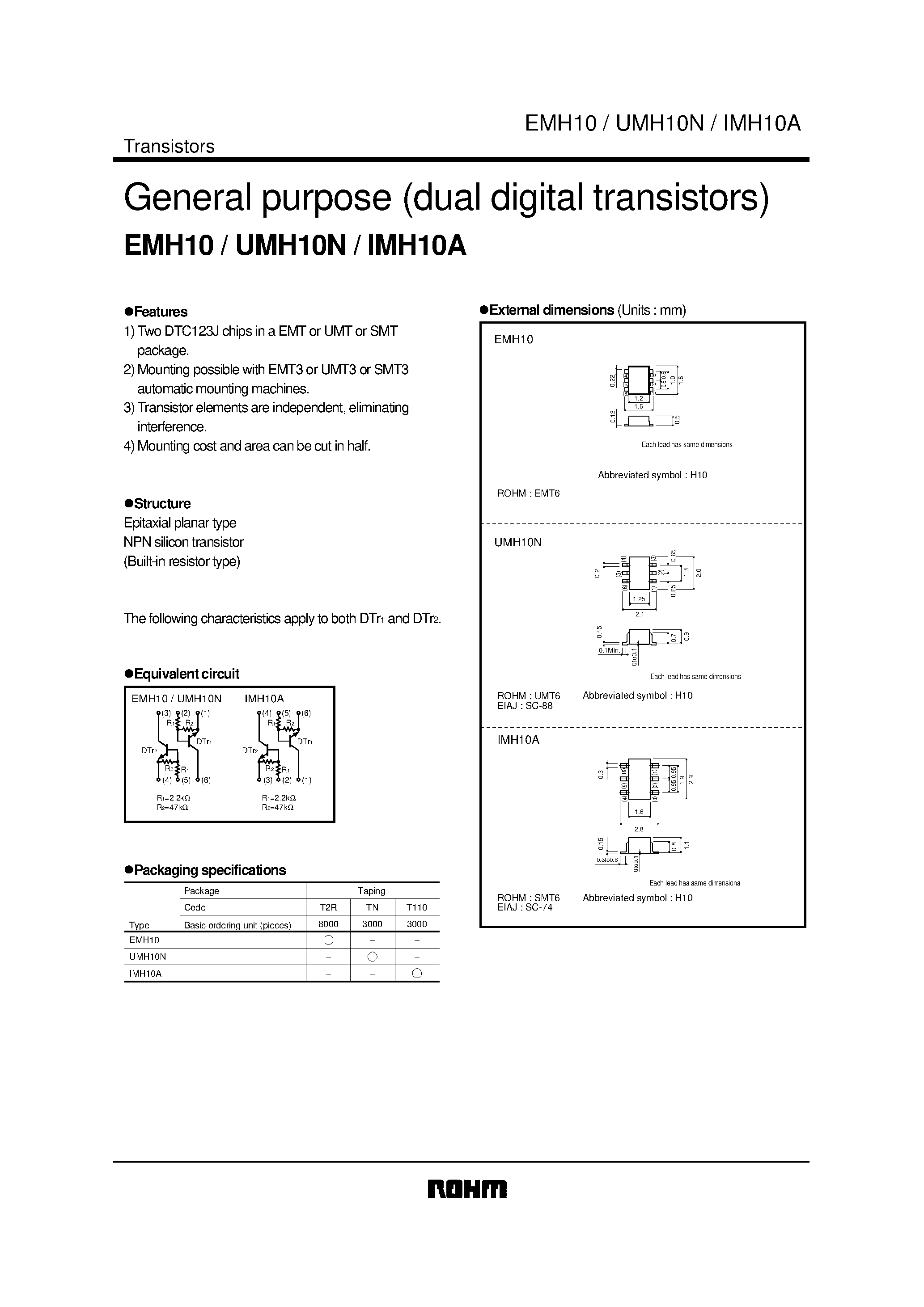 Даташит EMH10 - General purpose (dual digital transistors) страница 1
