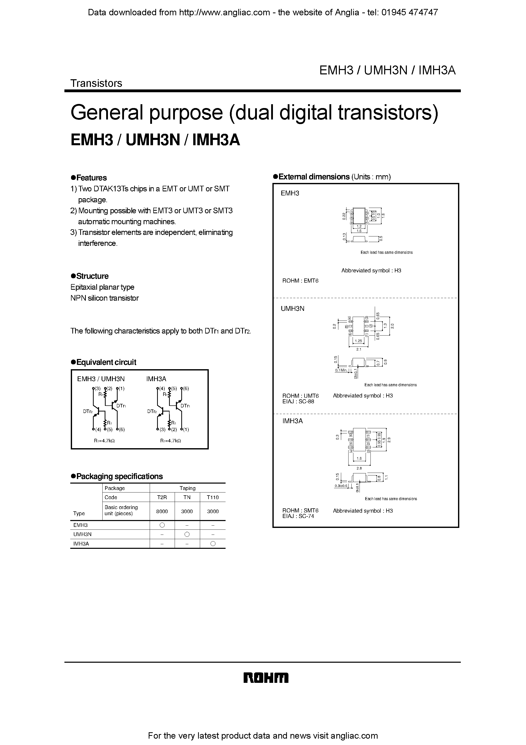 Даташит на микросхему EMH3 страница 1 Даташит EMH3 - General purpose (dual digital transistors) страница 1
