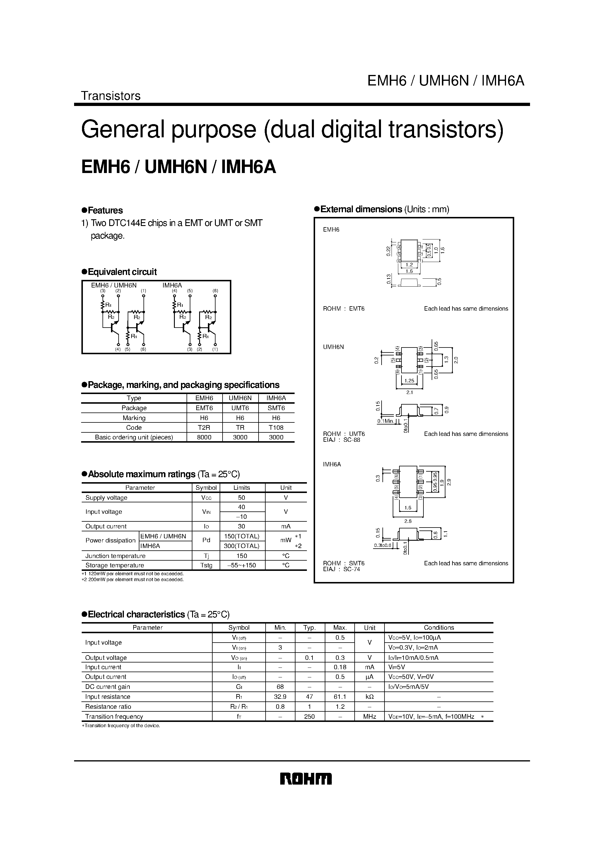 Даташит на микросхему EMH6 страница 1 Даташит EMH6 - General purpose (dual digital transistors) страница 1