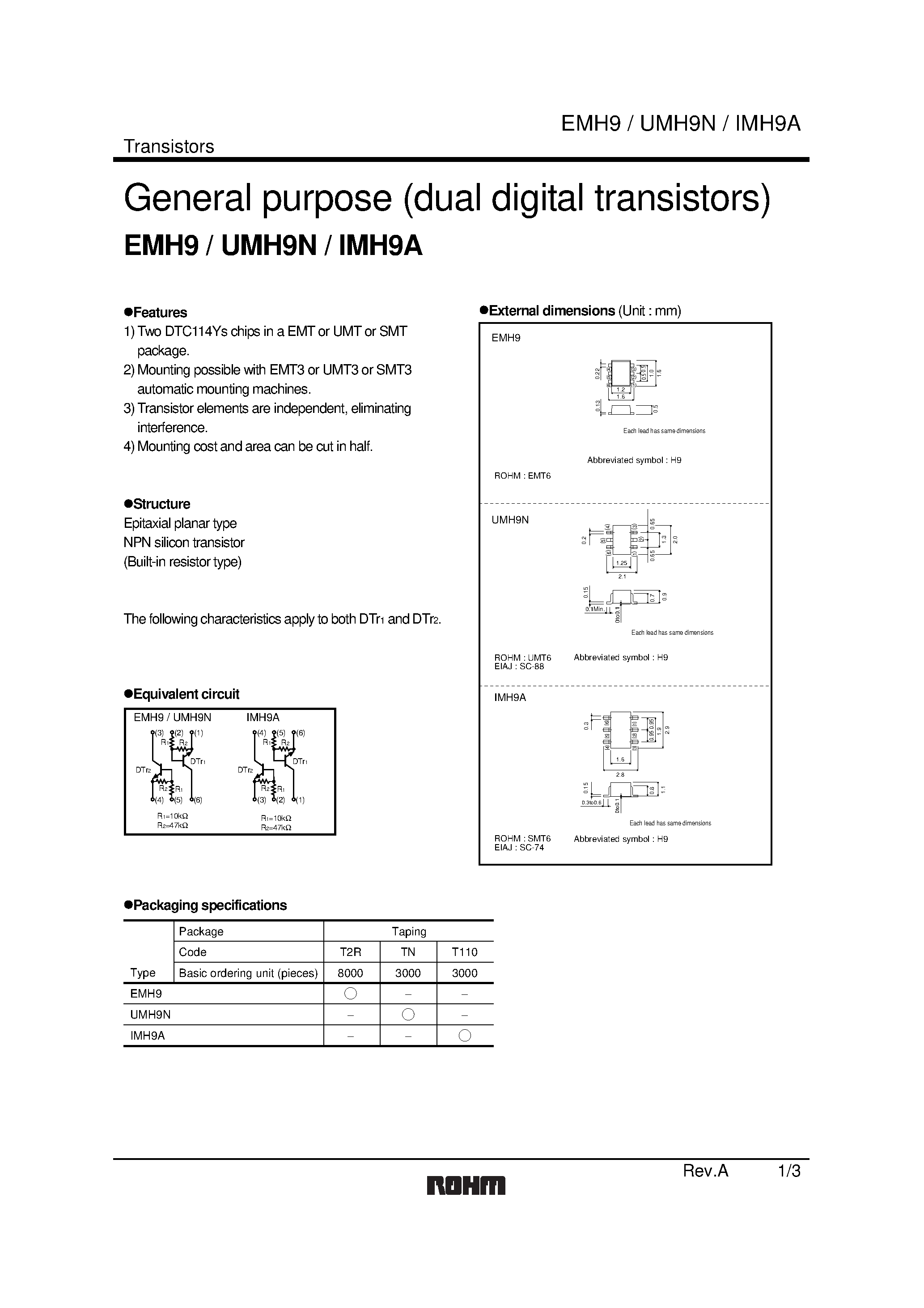 Даташит EMH9 - General purpose (dual digital transistors) страница 1