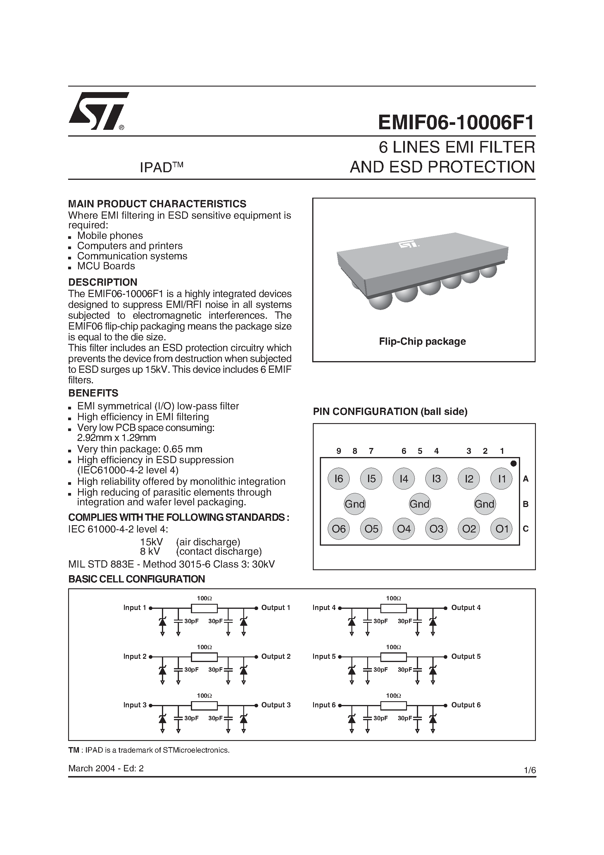 Datasheet EMIF06 - 6 LINES EMI FILTER AND ESD PROTECTION page 1