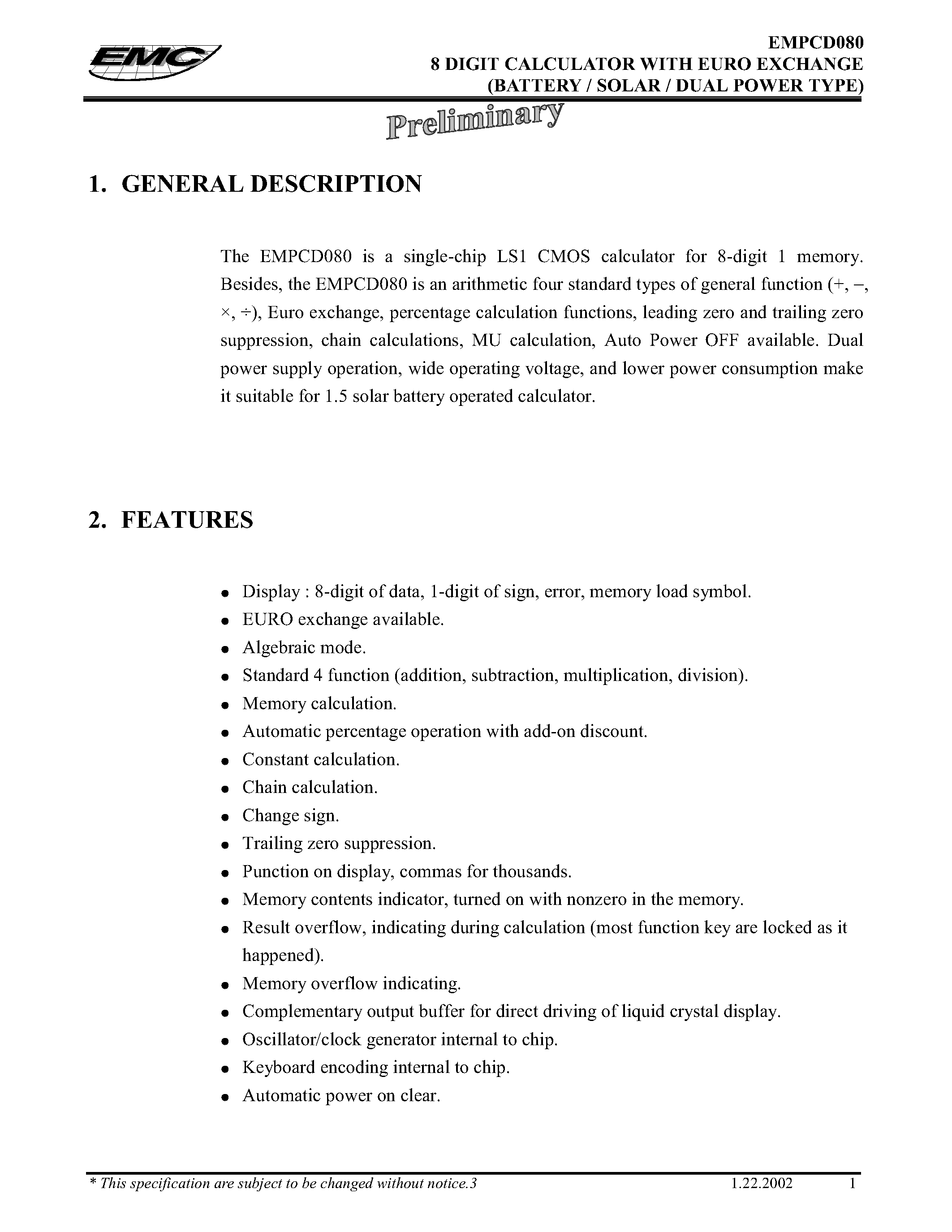 Datasheet EMPCD080 - 8 DIGIT CALCULATOR WITH EURO EXCHANGE (BATTERY/SOLAR/ DUAL POWER TYPE) page 1
