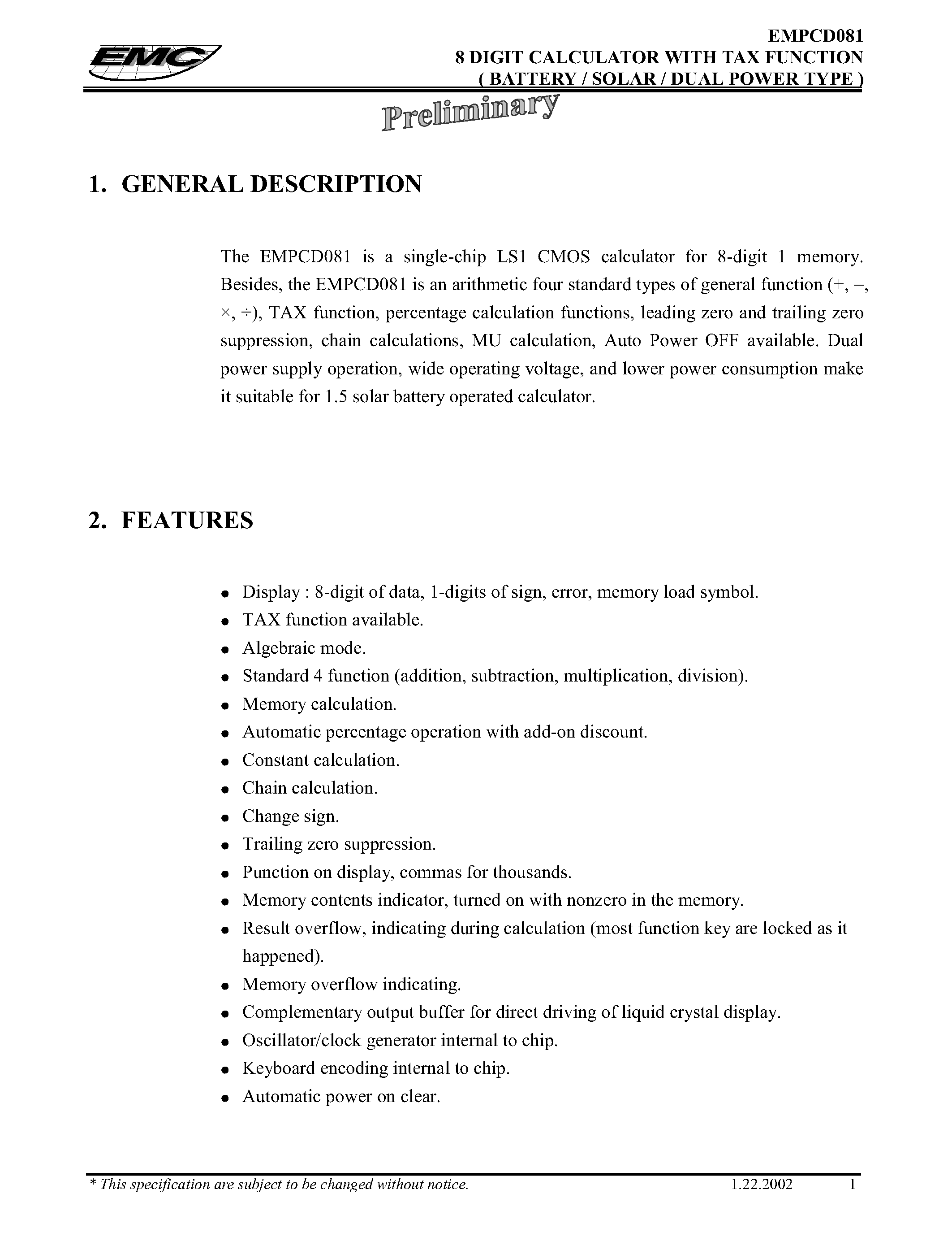 Datasheet EMPCD081 - 8 DIGIT CALCULATOR WITH EURO EXCHANGE (BATTERY/SOLAR/ DUAL POWER TYPE) page 1