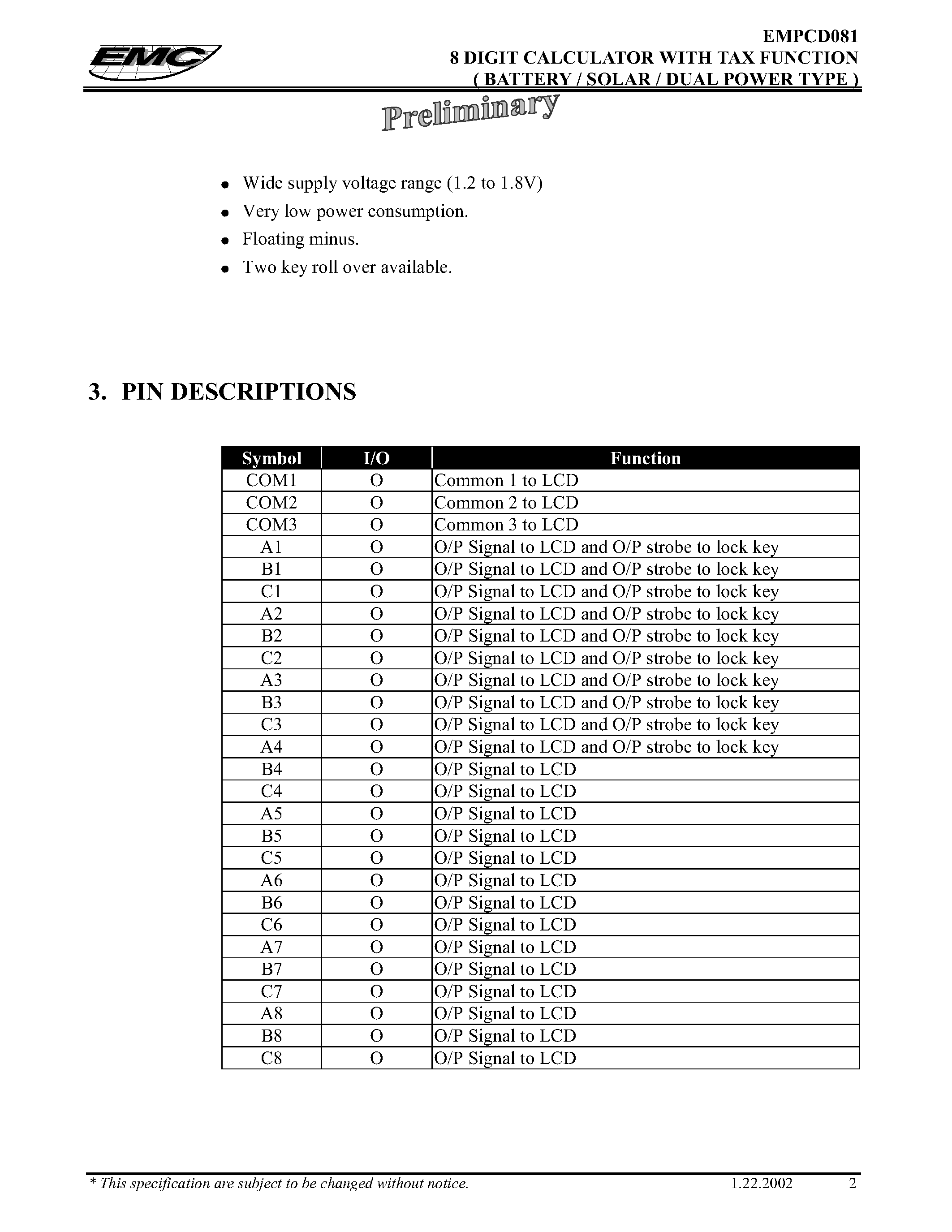 Datasheet EMPCD081 - 8 DIGIT CALCULATOR WITH EURO EXCHANGE (BATTERY/SOLAR/ DUAL POWER TYPE) page 2