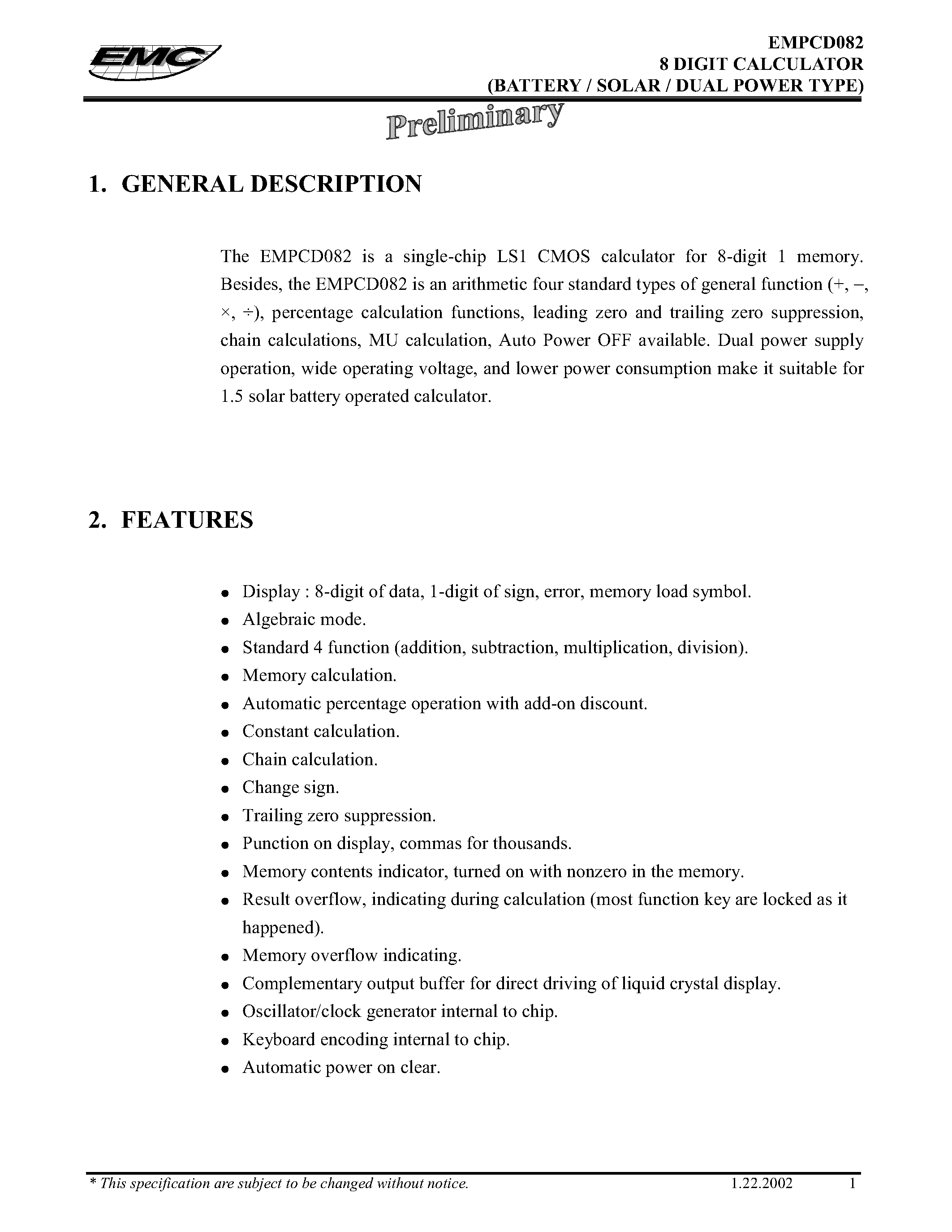 Datasheet EMPCD082 - 8 DIGIT CALCULATOR (BATTERY/SOLAR/ DUAL POWER TYPE) page 1