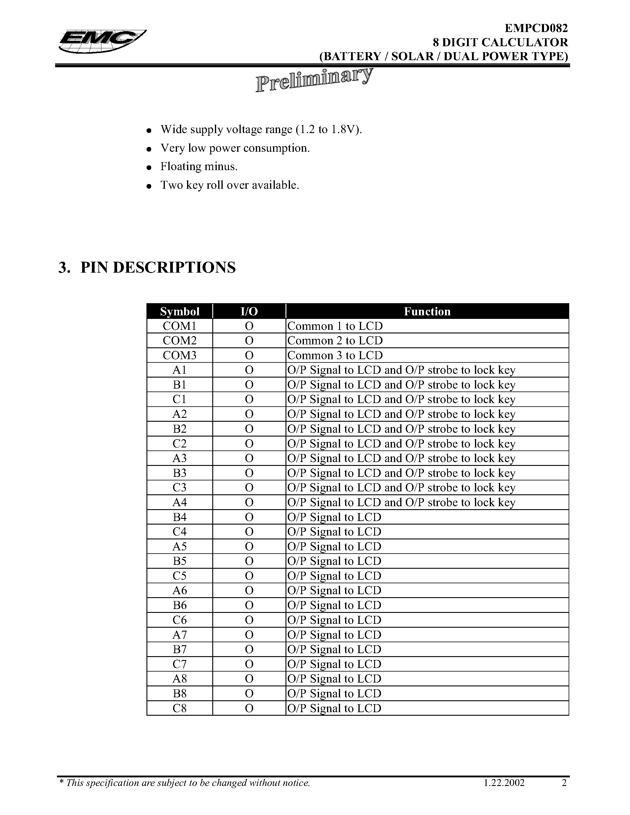 Datasheet EMPCD082 - 8 DIGIT CALCULATOR (BATTERY/SOLAR/ DUAL POWER TYPE) page 2