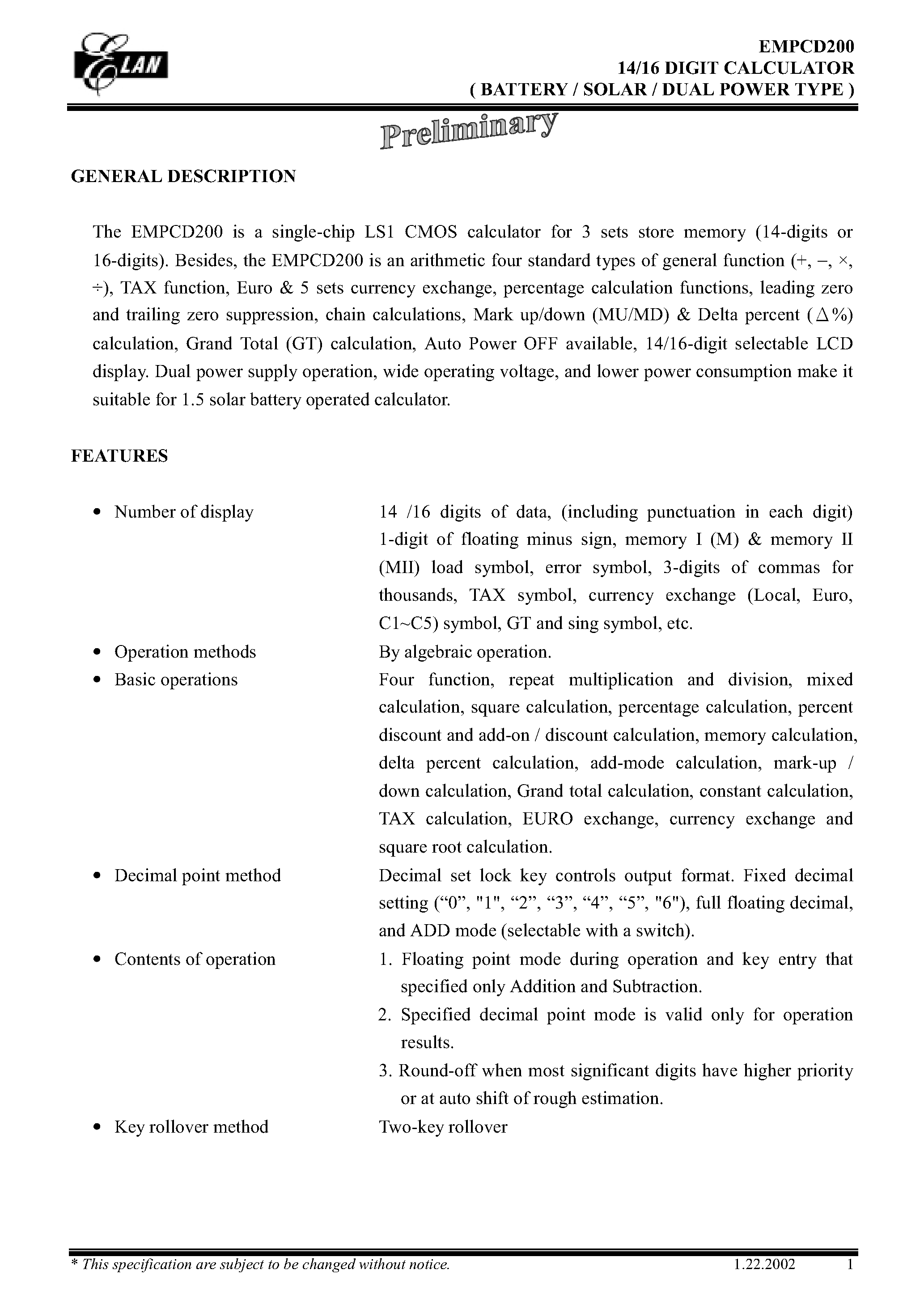 Datasheet EMPCD200 - 14/16 DIGIT CALCULATOR (BATTERY/SOLAR/ DUAL POWER TYPE) page 1
