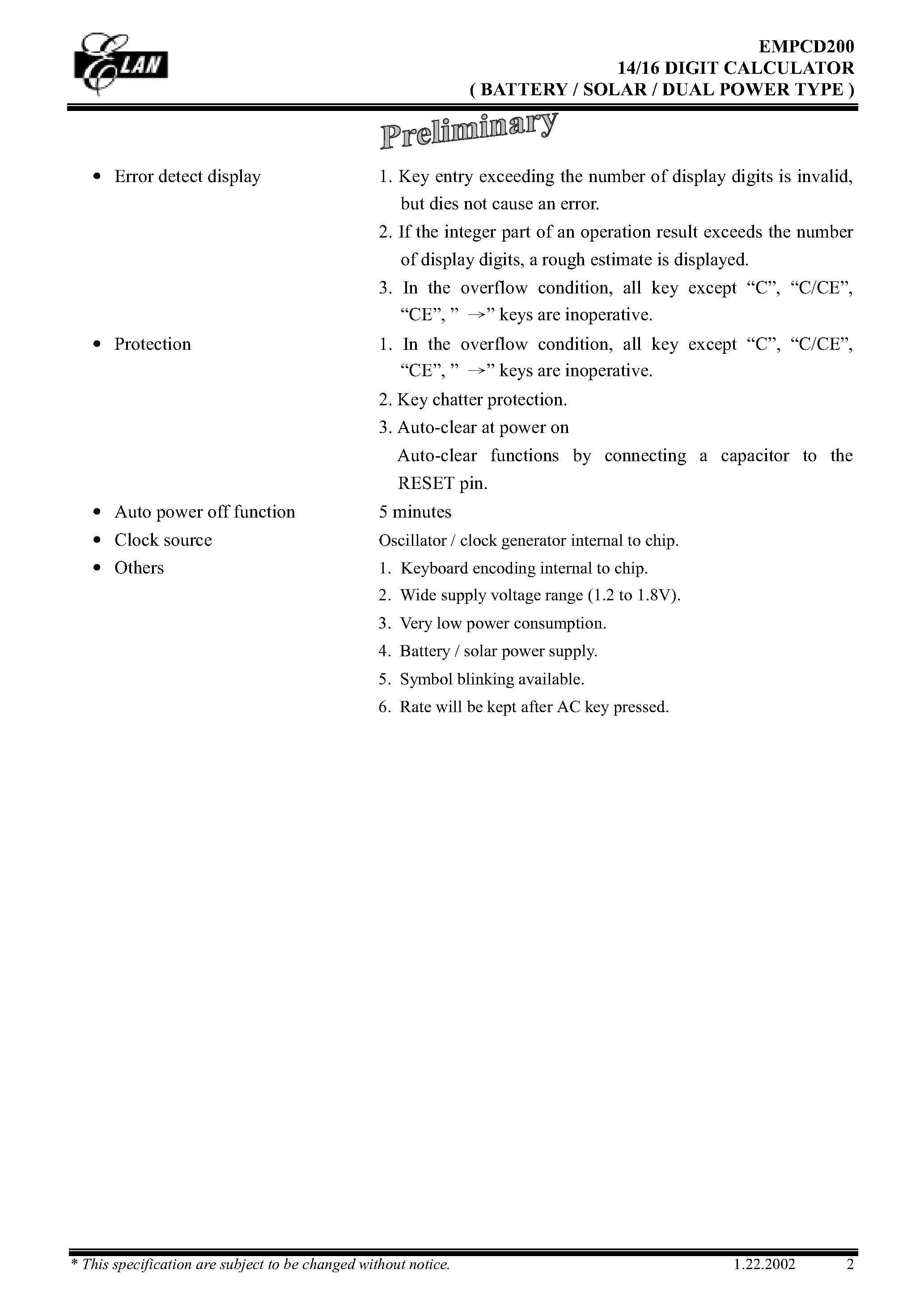 Datasheet EMPCD200 - 14/16 DIGIT CALCULATOR (BATTERY/SOLAR/ DUAL POWER TYPE) page 2