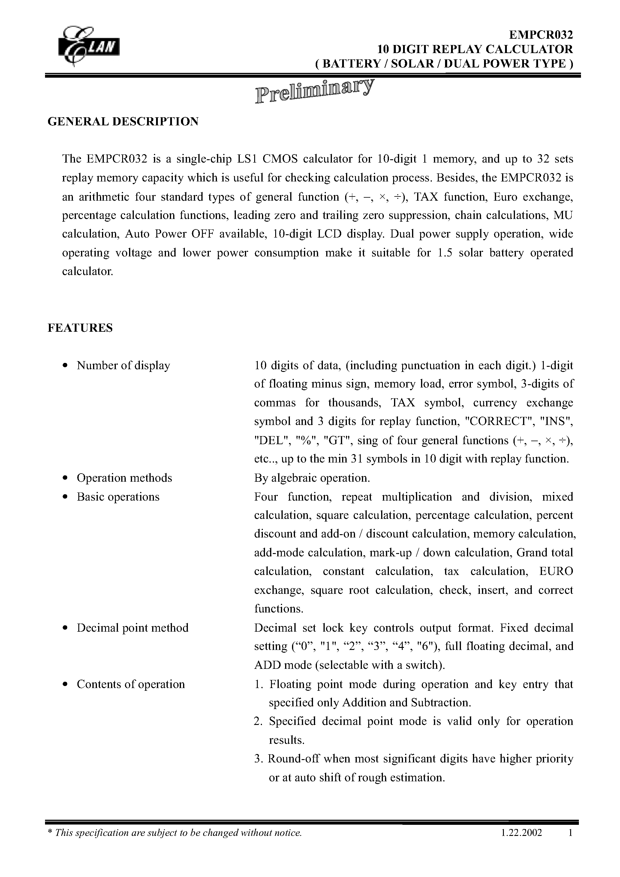 Datasheet EMPCR032 - 10 DIGIT REPLAY CALCULATOR (BATTERY/SOLAR/ DUAL POWER TYPE) page 1