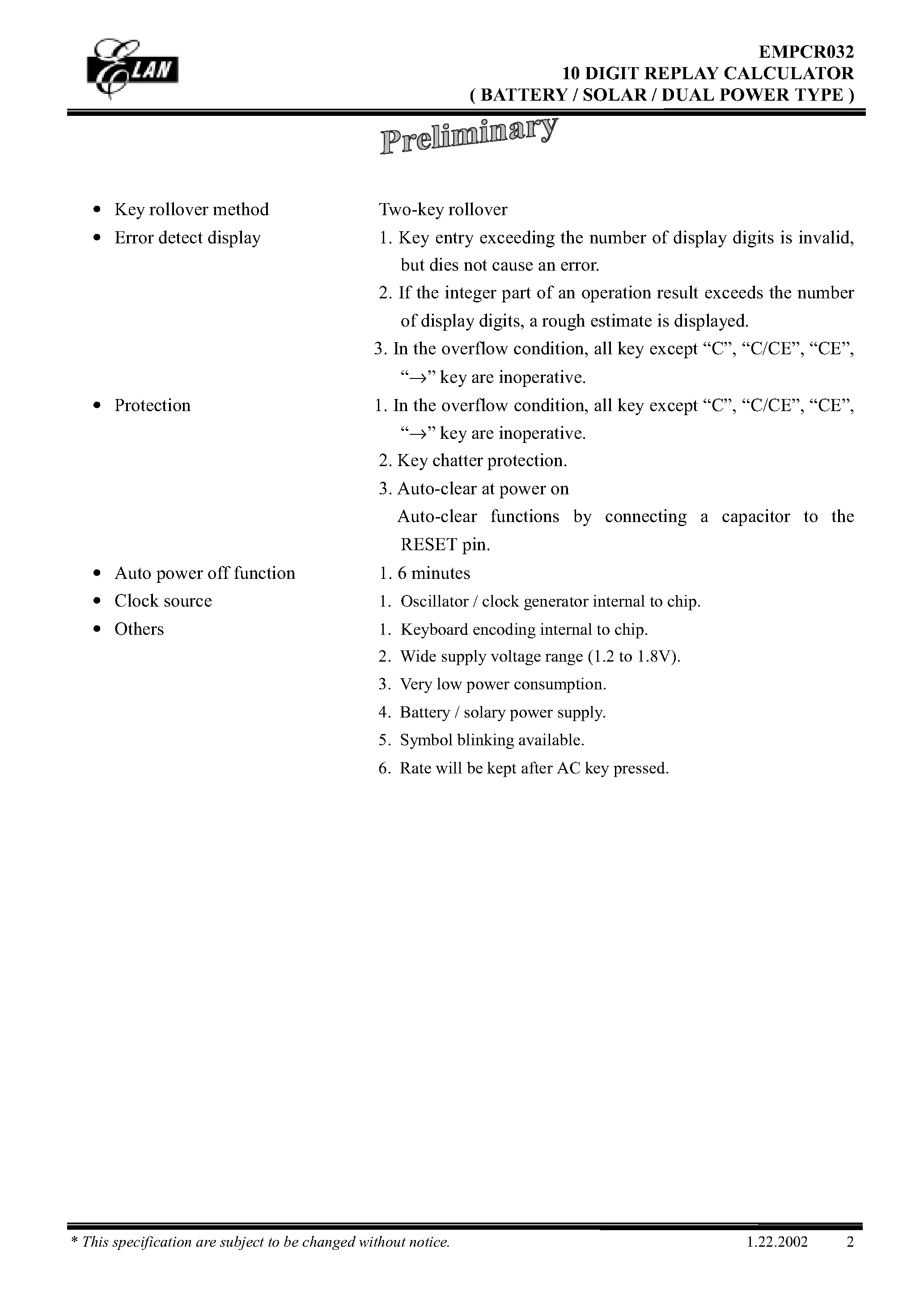 Datasheet EMPCR032 - 10 DIGIT REPLAY CALCULATOR (BATTERY/SOLAR/ DUAL POWER TYPE) page 2
