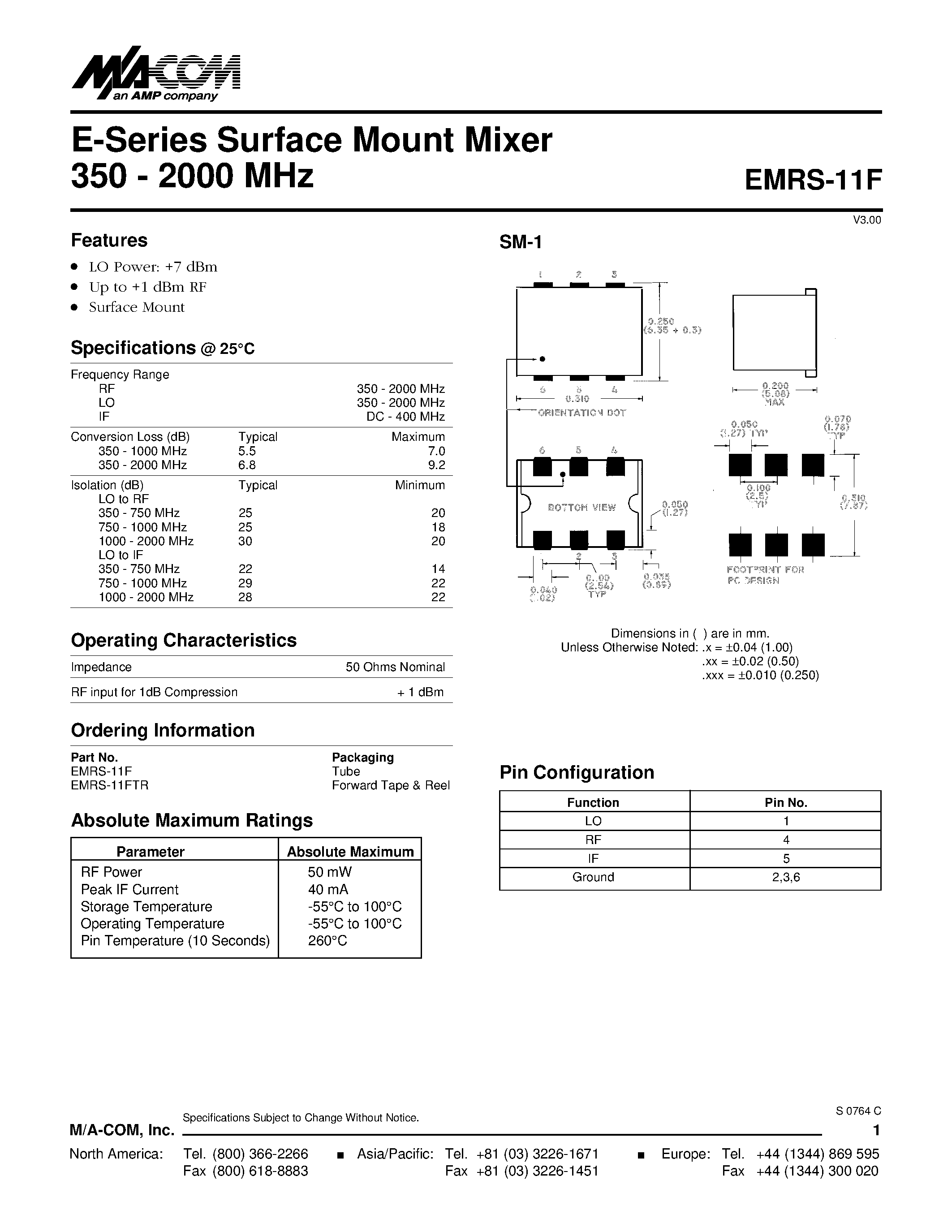 Даташит EMRS-11FTR - E-Series Surface Mount Mixer 350 - 2000 MHz страница 1