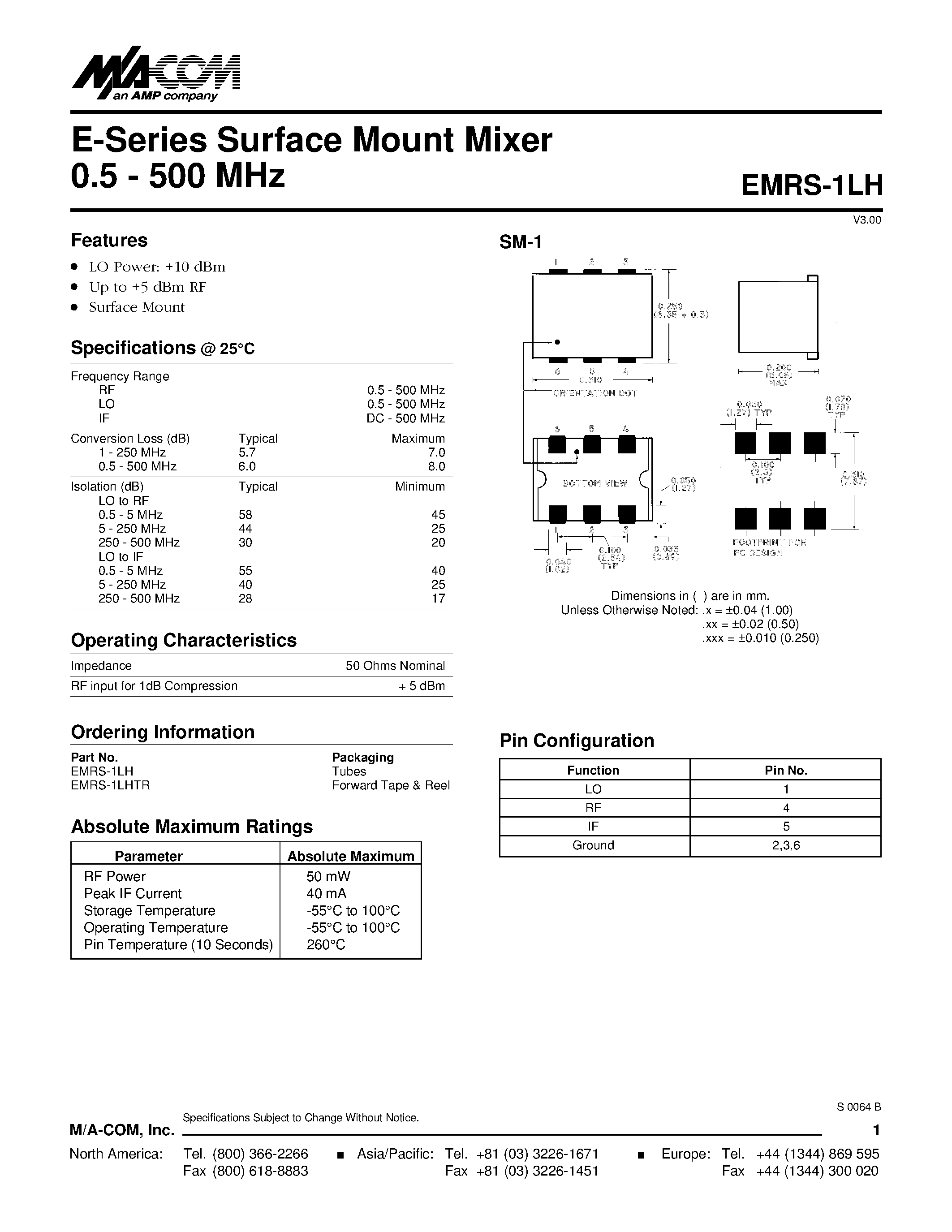 Даташит EMRS-1LH - E-Series Surface Mount Mixer 0.5 - 500 MHz страница 1