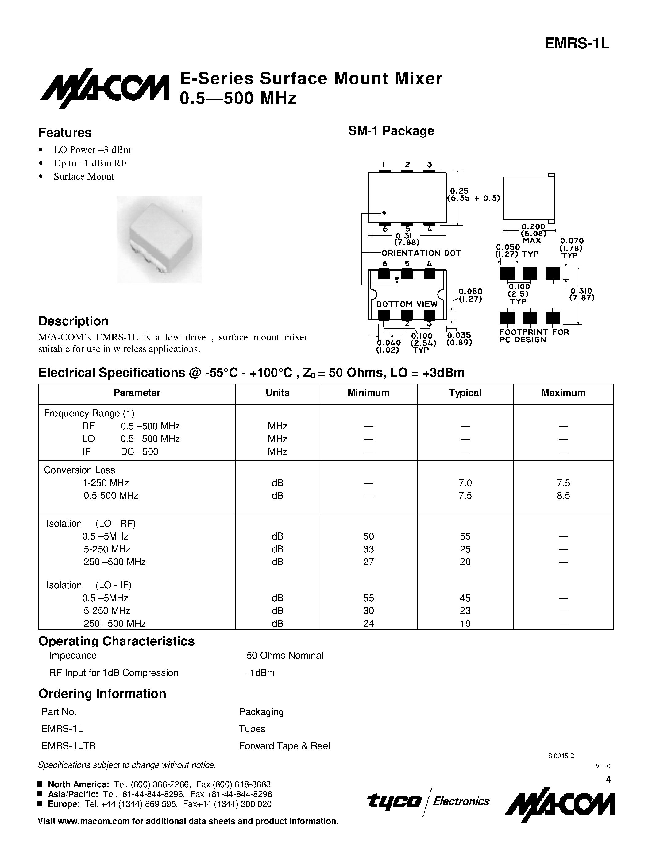 Даташит EMRS-1LTR - E-Series Surface Mount Mixer 0.5.500 MHz страница 1