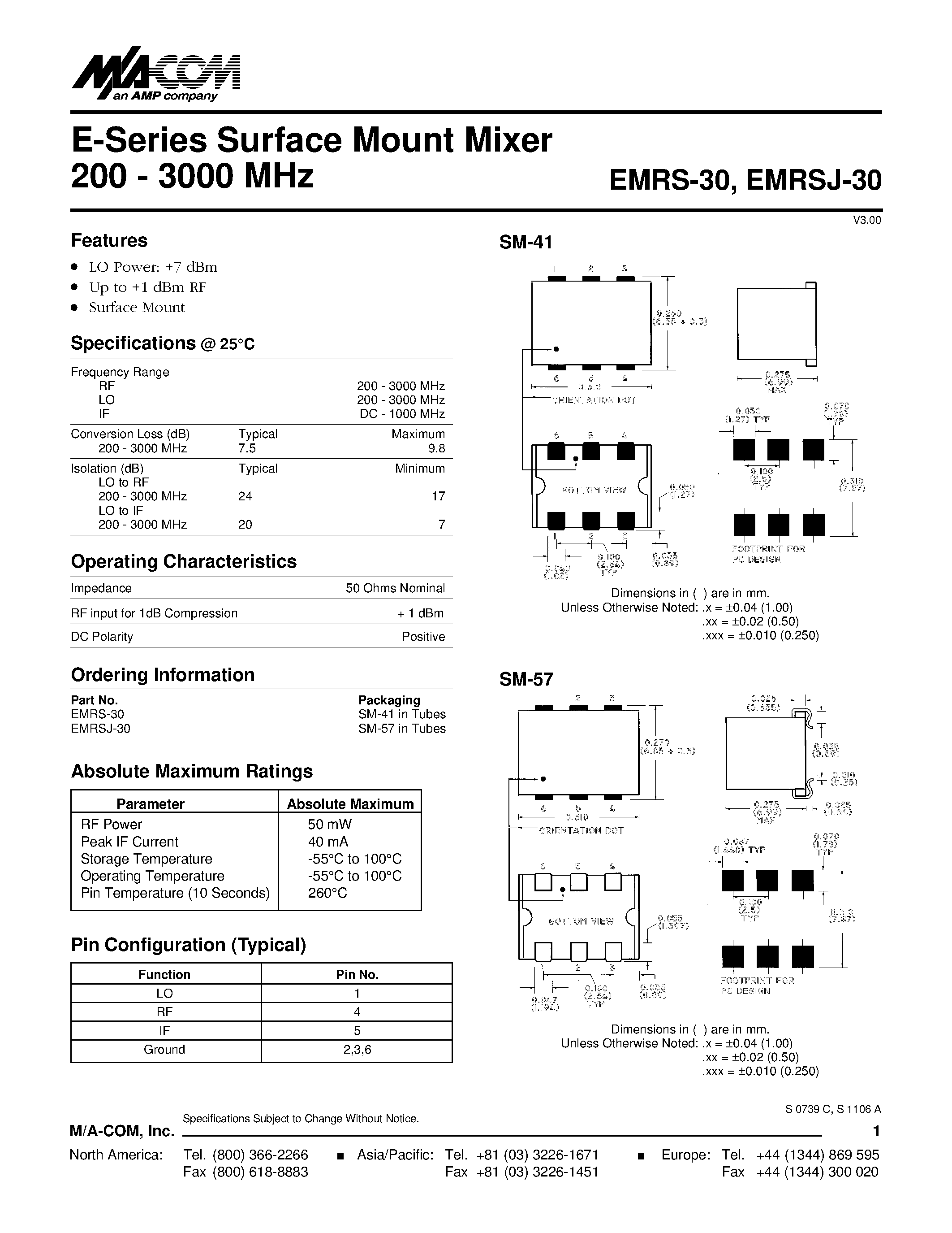 Даташит EMRSJ-30 - E-Series Surface Mount Mixer 200 - 3000 MHz страница 1
