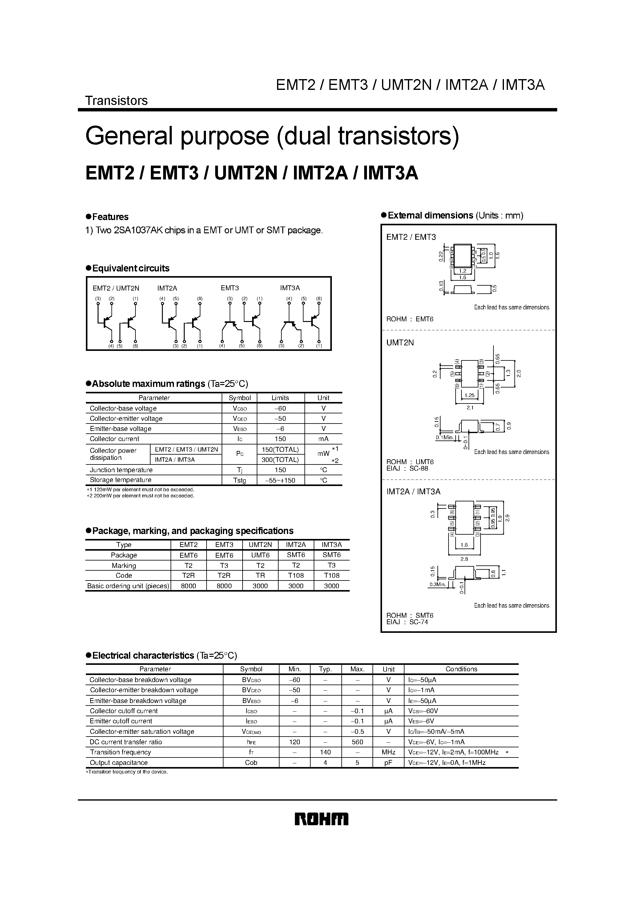 Даташит EMT2 - General purpose (dual transistors) страница 1