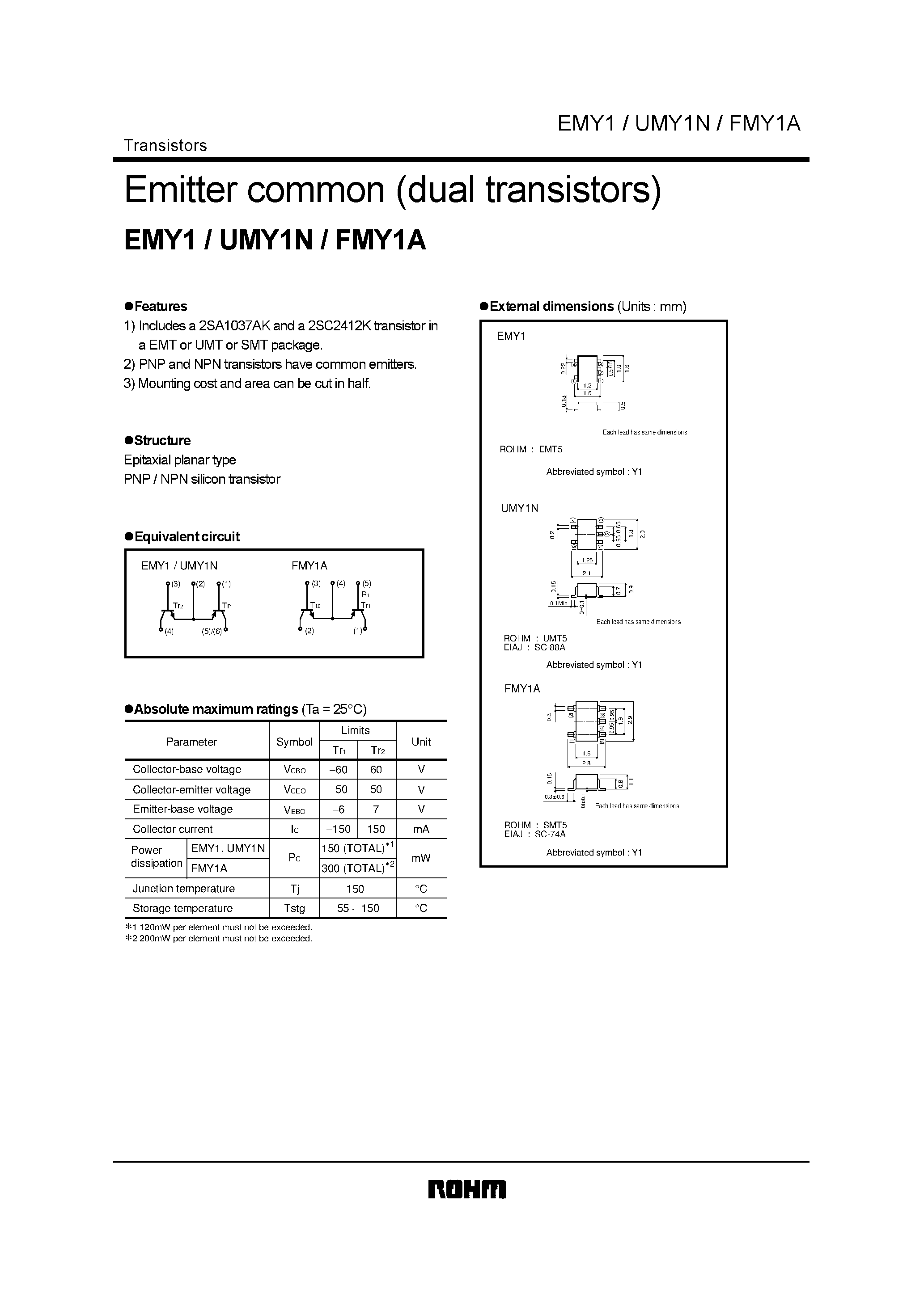 Даташит EMT5 - Emitter common (dual transistors) страница 1