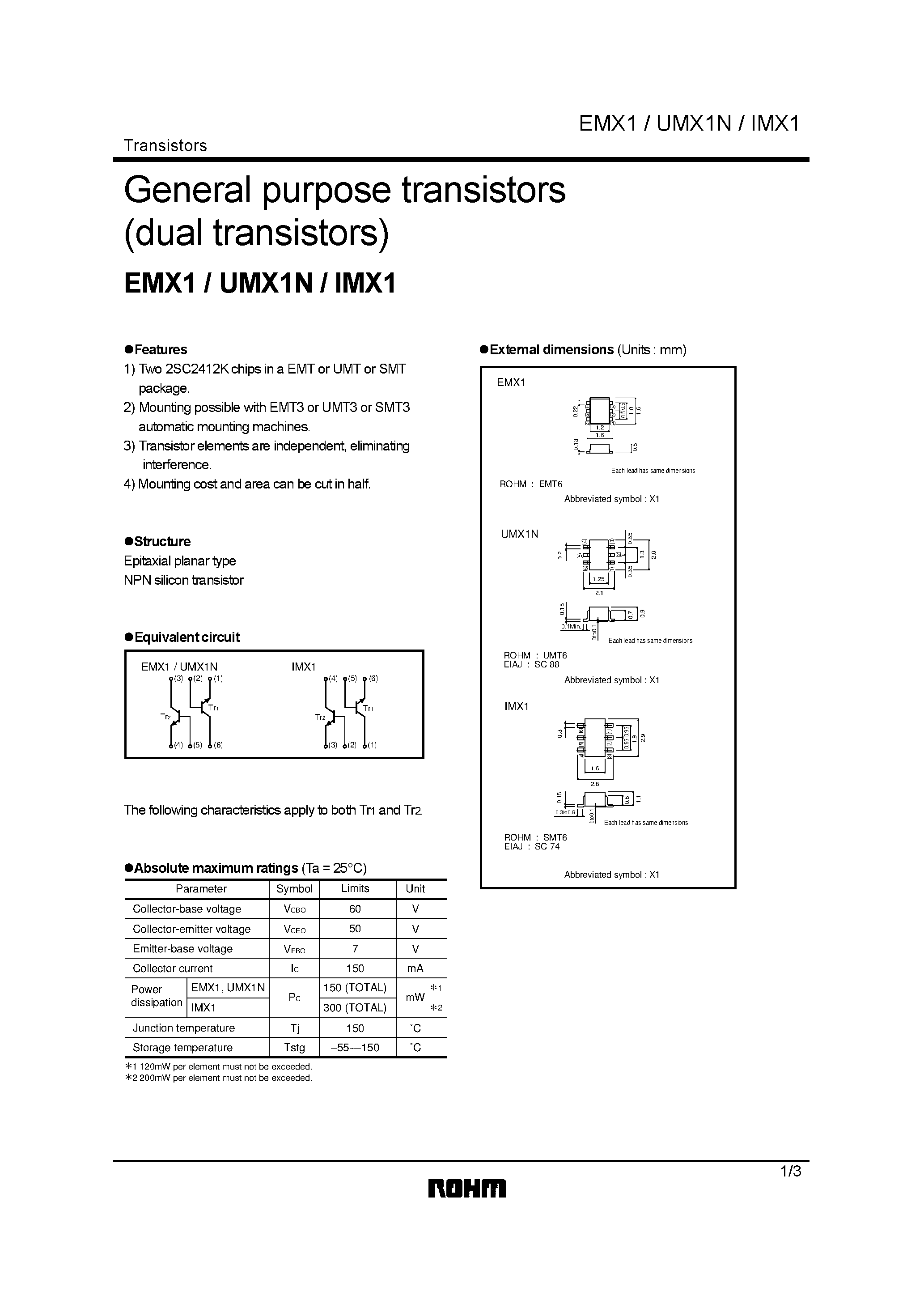 Datasheet EMX1 page 1 Datasheet EMX1 - General purpose transistors (dual transistors) page 1