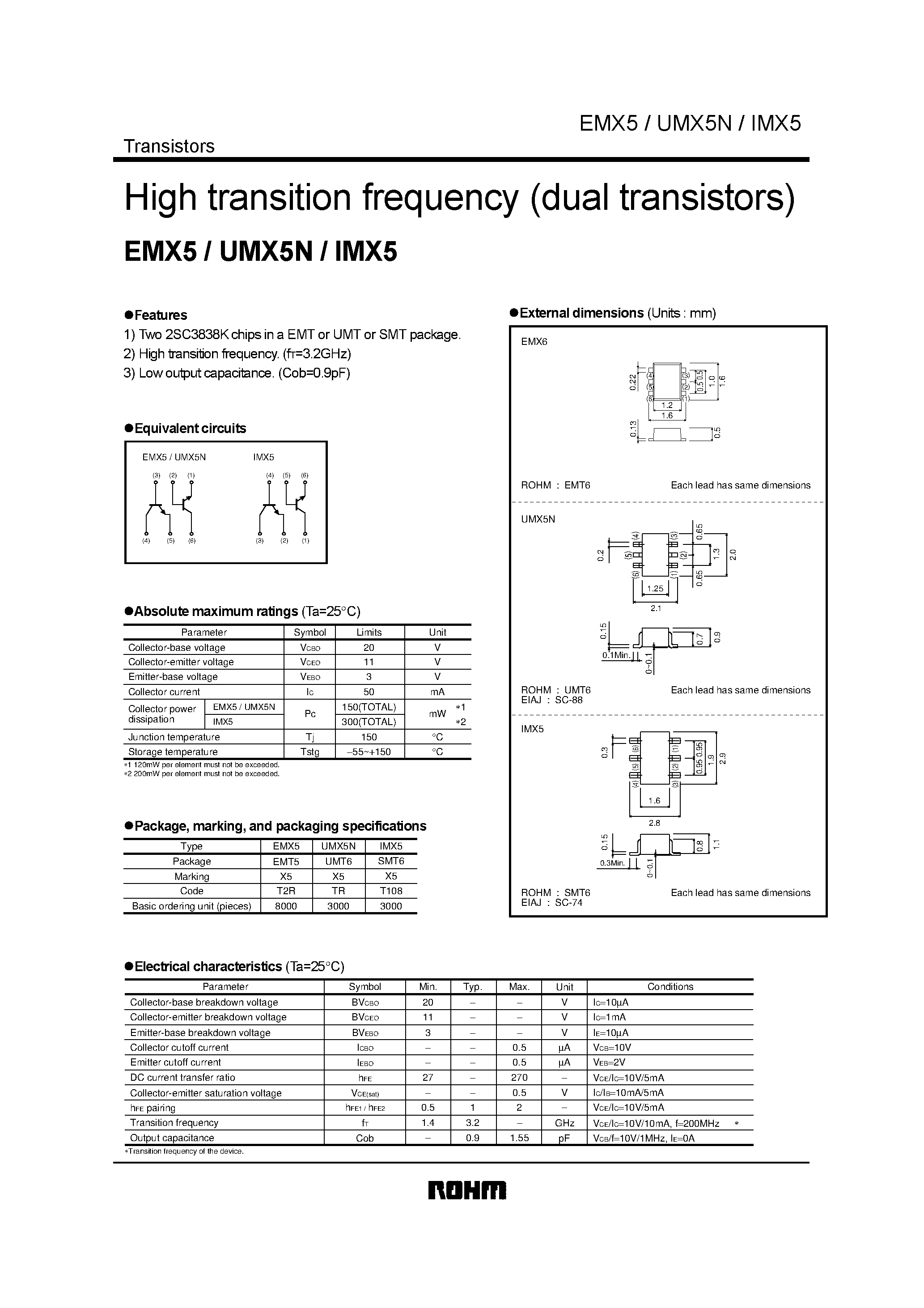 Даташит на микросхему EMX5 страница 1 Даташит EMX5 - High transition frequency (dual transistors) страница 1