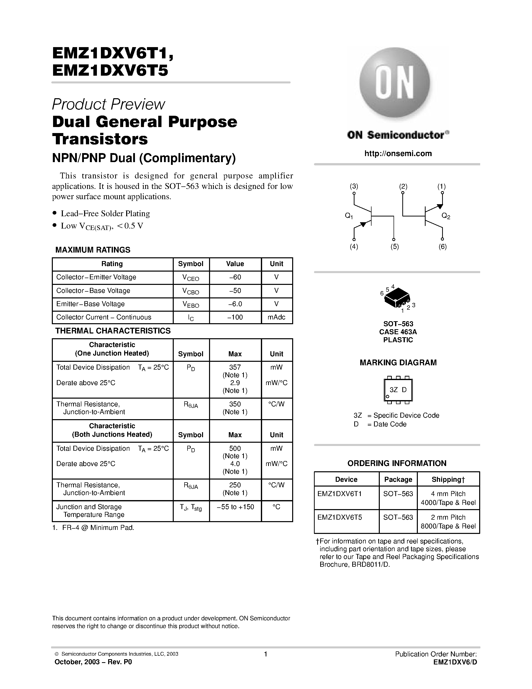 Даташит EMZ1DXV6T5 - Dual General Purpose Transistors страница 1
