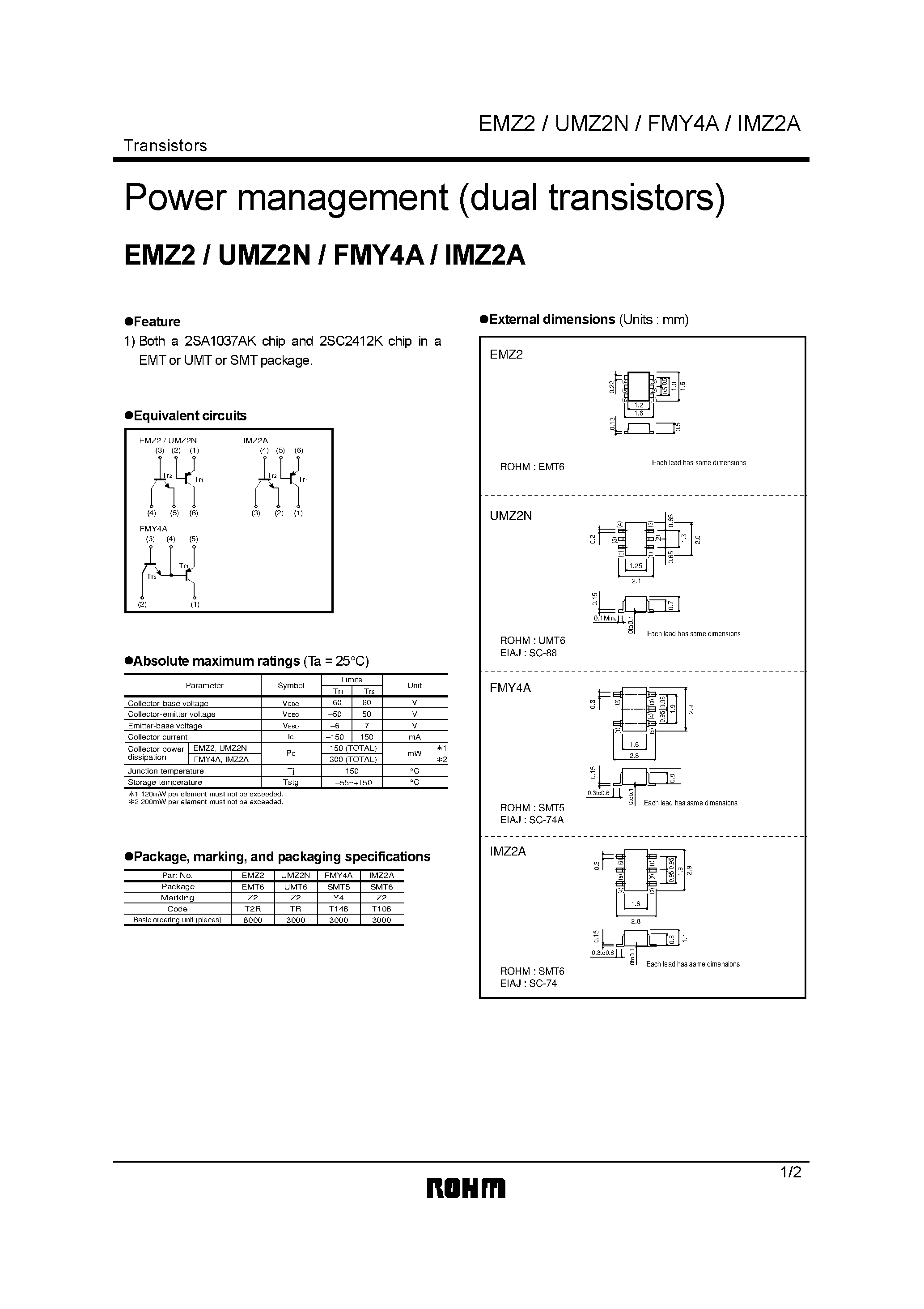 Даташит EMZ2 - Power management (dual transistors) страница 1