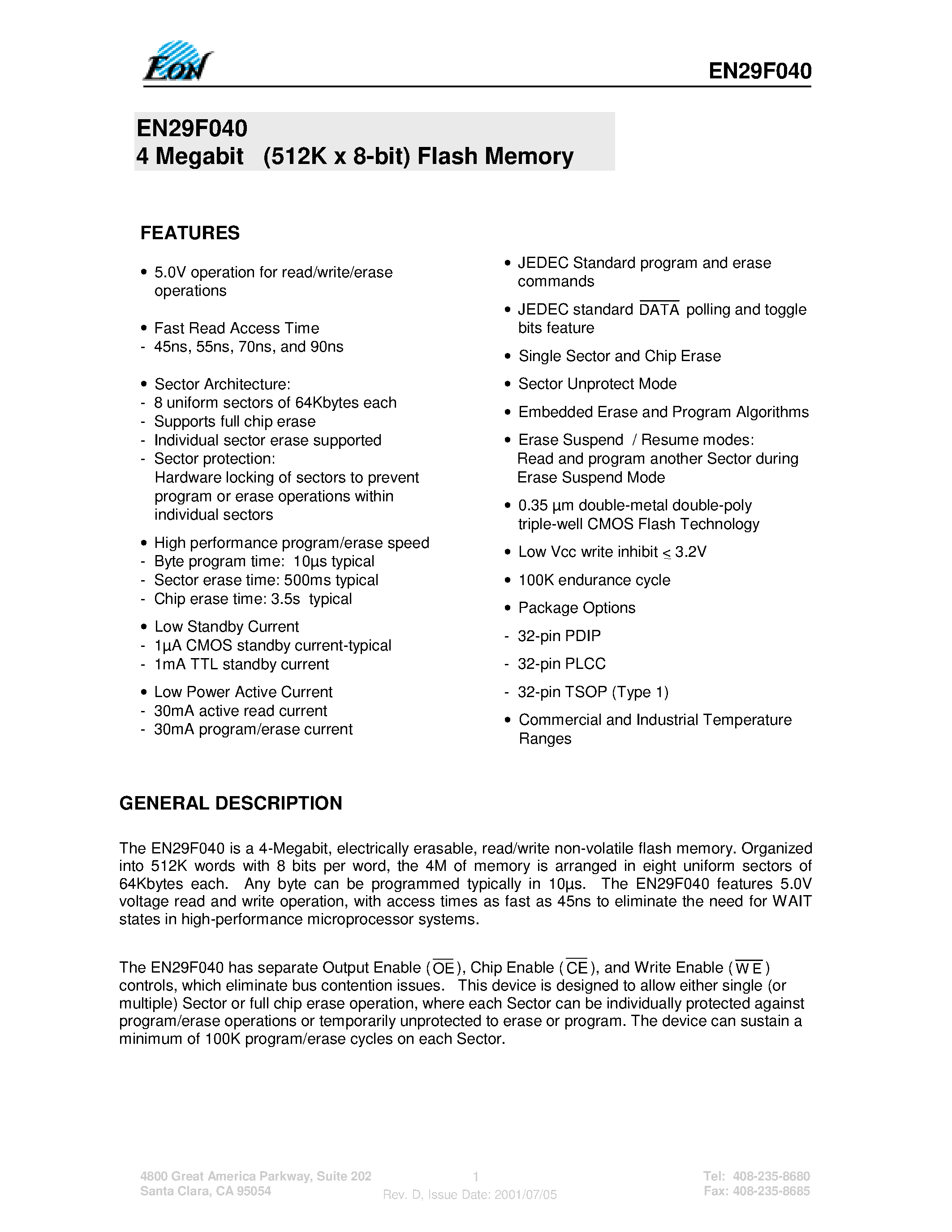 Даташит EN29F040-90T - 4 Megabit (512K x 8-bit) Flash Memory страница 1
