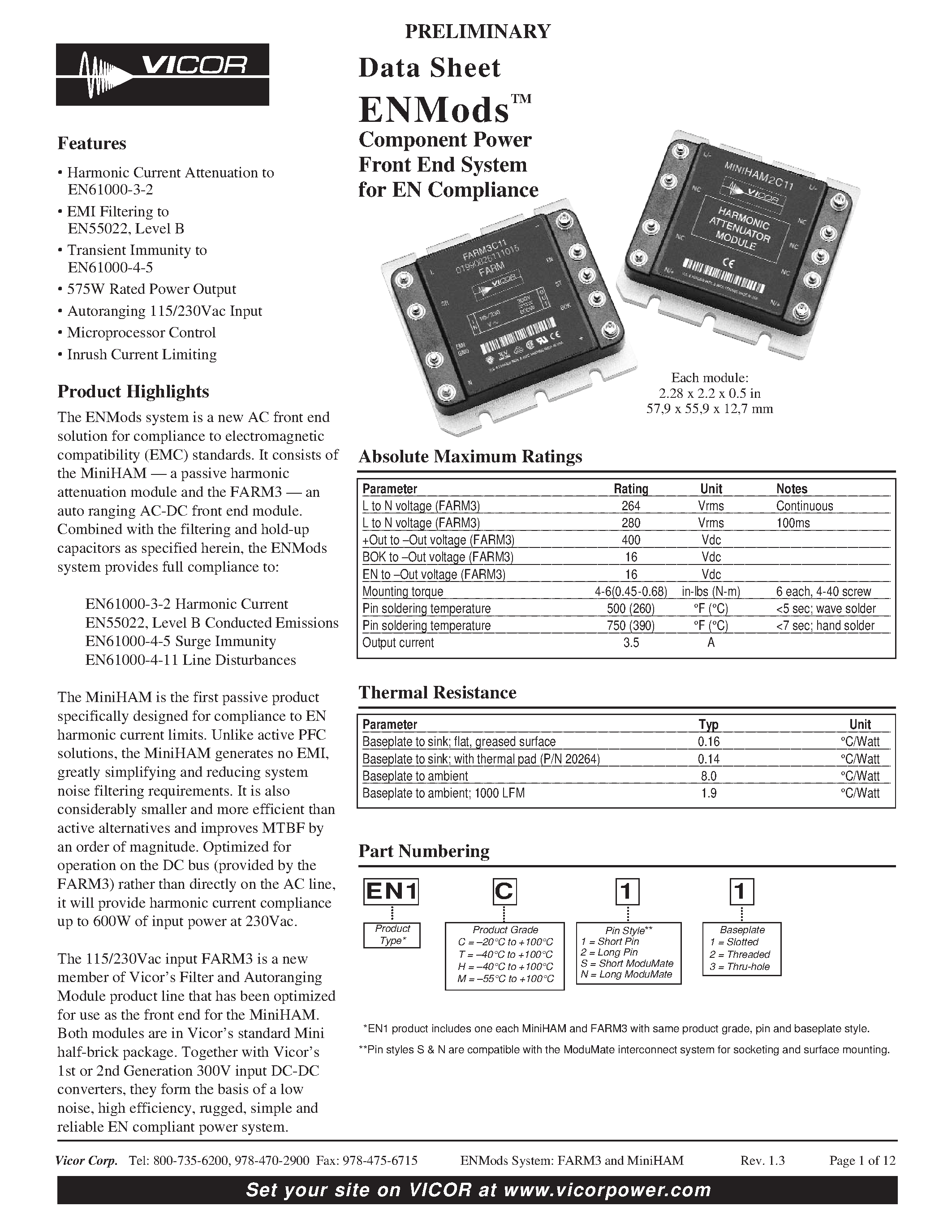 Datasheet EN61000-3-2 - ENMods Component Power Front End System for EN Compliance page 1