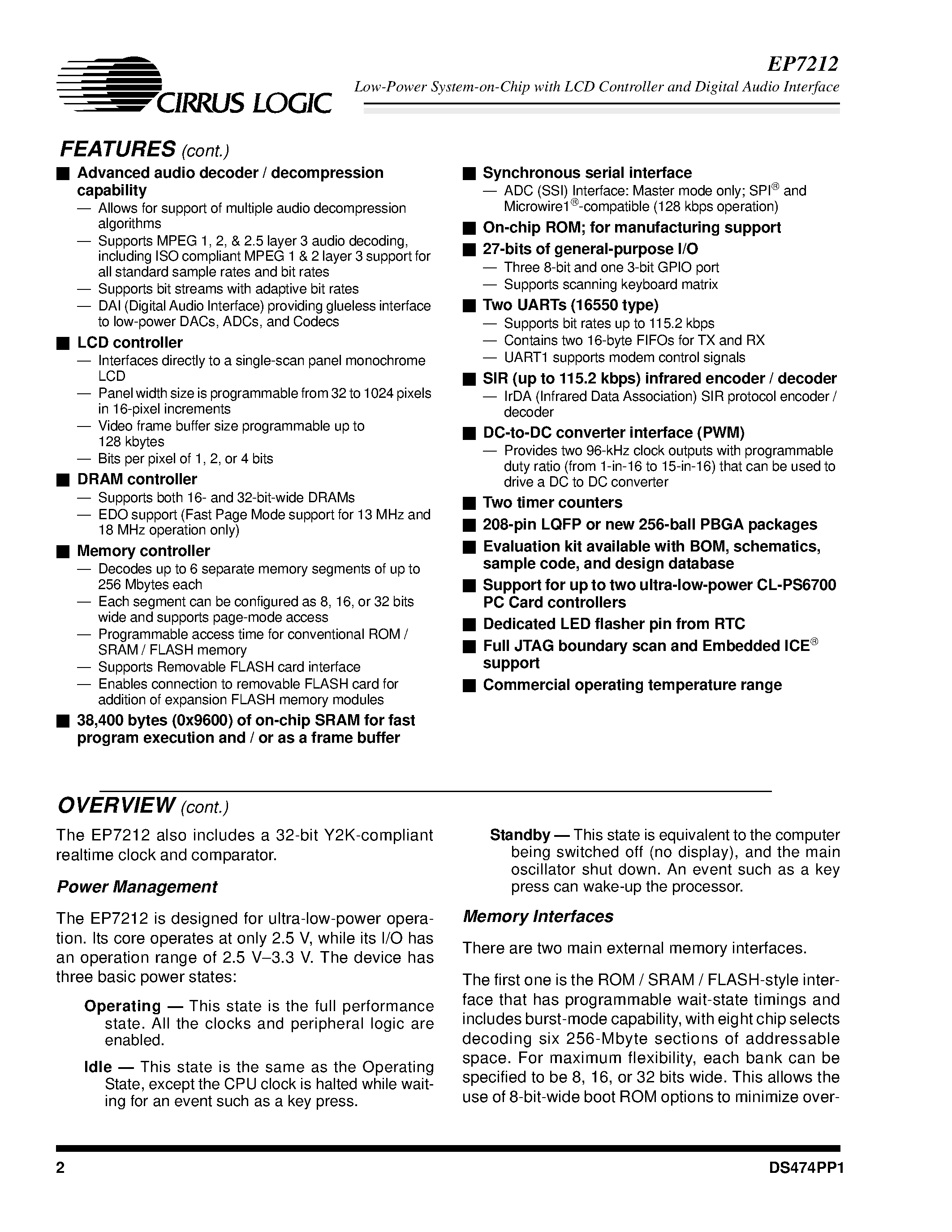 Datasheet EP7212-CB-A - HIGH-PERFORMANCE/ LOW-POWER SYSTEM-ON-CHIP WITH LCD CONTROLLER AND DIGITAL AUDIO INTERFACE(DAI) page 2