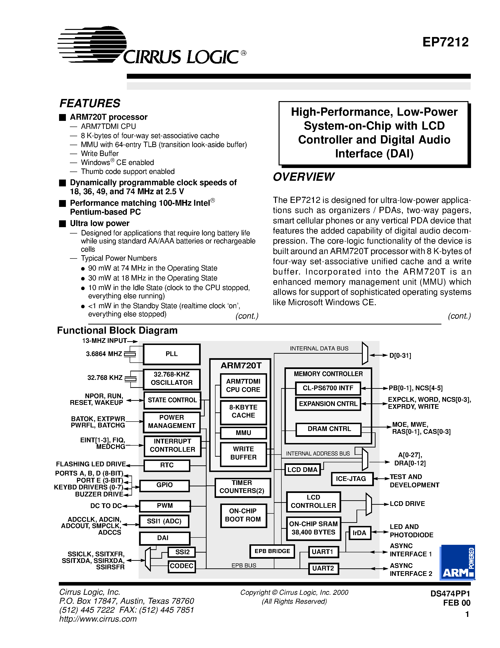 Datasheet EP7212-CV-A - HIGH-PERFORMANCE/ LOW-POWER SYSTEM-ON-CHIP WITH LCD CONTROLLER AND DIGITAL AUDIO INTERFACE(DAI) page 1