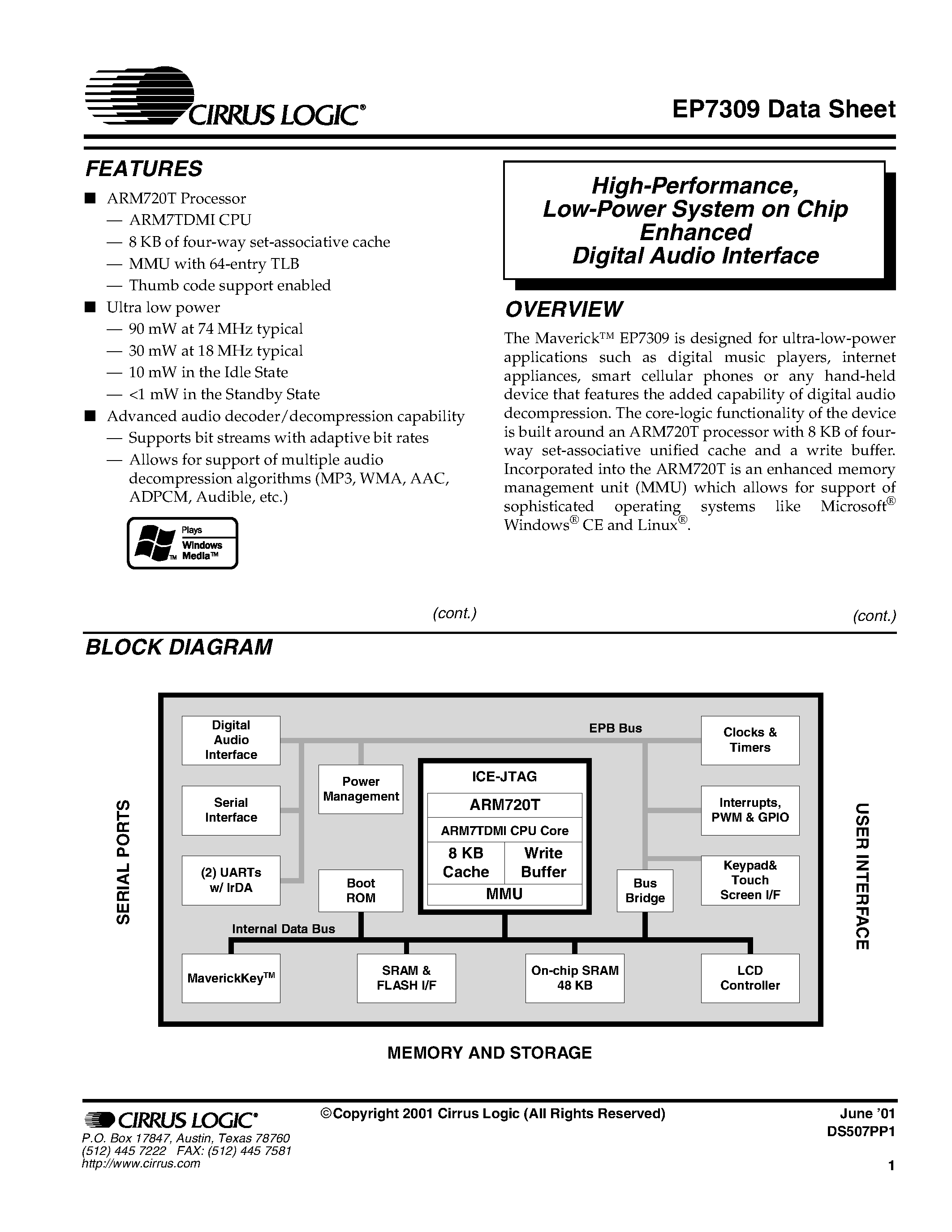 Datasheet EP7309-IR-C - HIGH PERFORMANCE LOW POWER SYSTEM ON CHIP ENHANCED DIGITAL AUDIO INTERFACE page 1