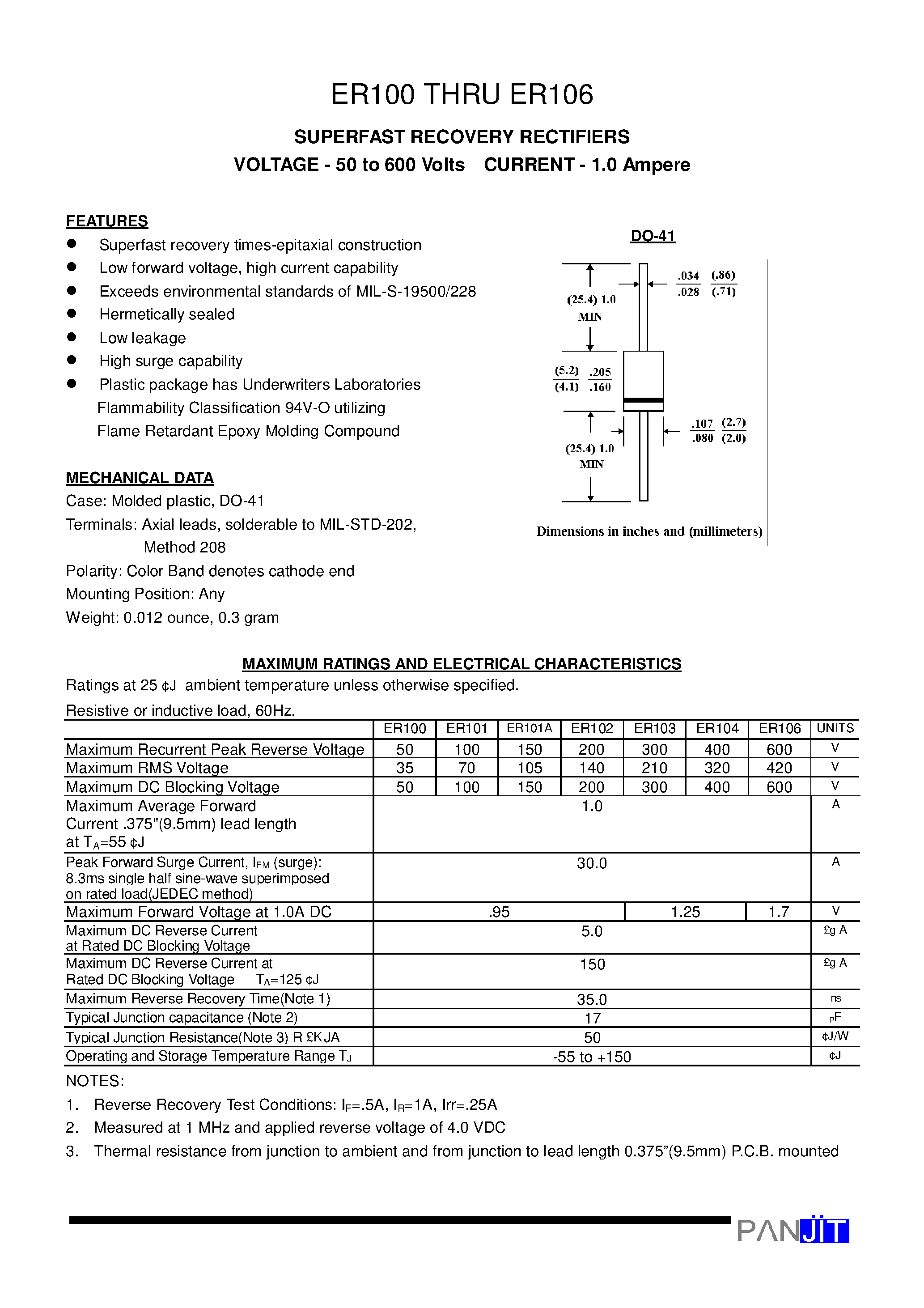 Datasheet ER100 - SUPERFAST RECOVERY RECTIFIERS(VOLTAGE - 50 to 600 Volts CURRENT - 1.0 Ampere) page 1