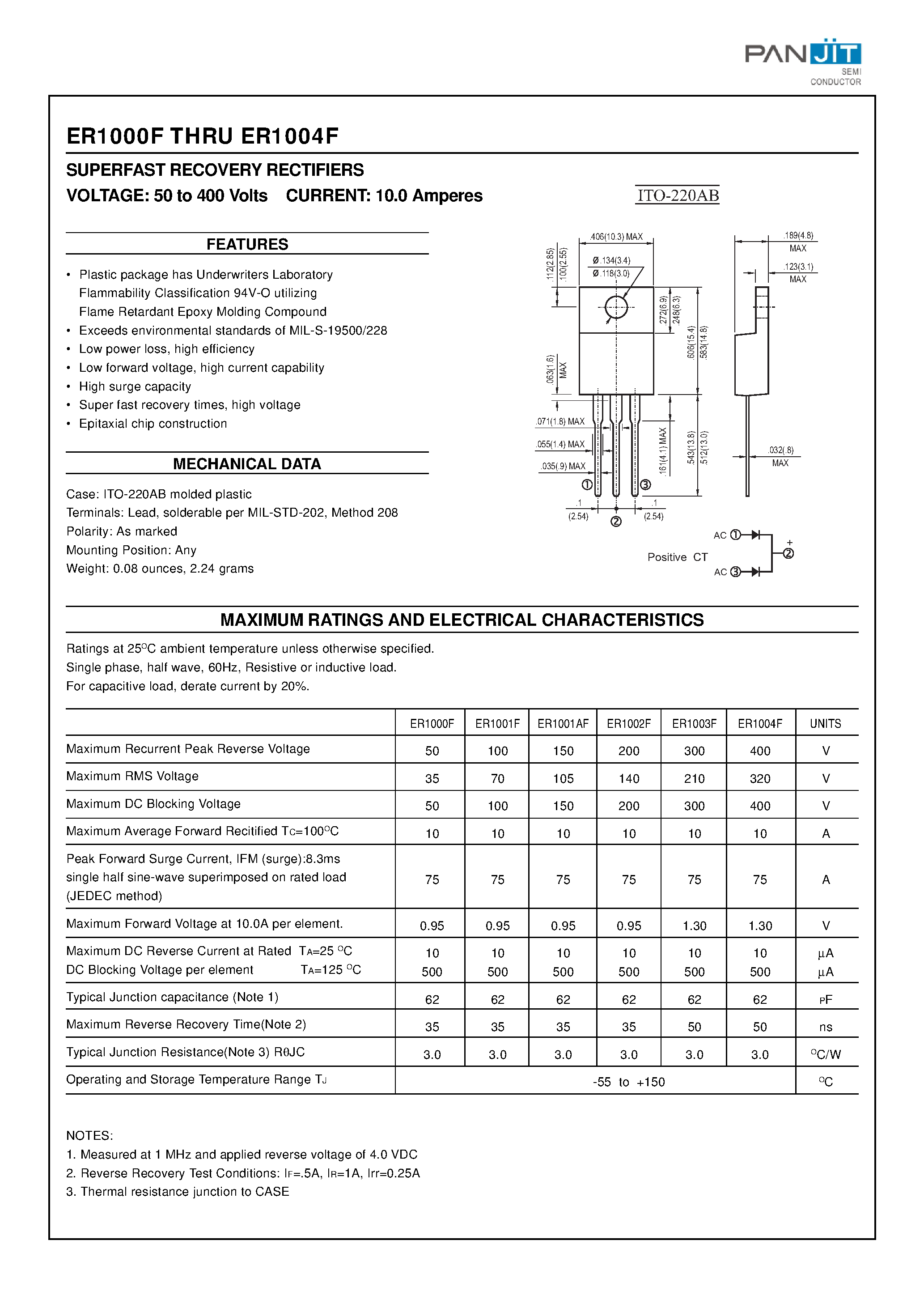 Datasheet ER1002F - SUPERFAST RECOVERY RECTIFIERS(VOLTAGE: 50 to 400 Volts CURRENT: 10.0 Amperes) page 1