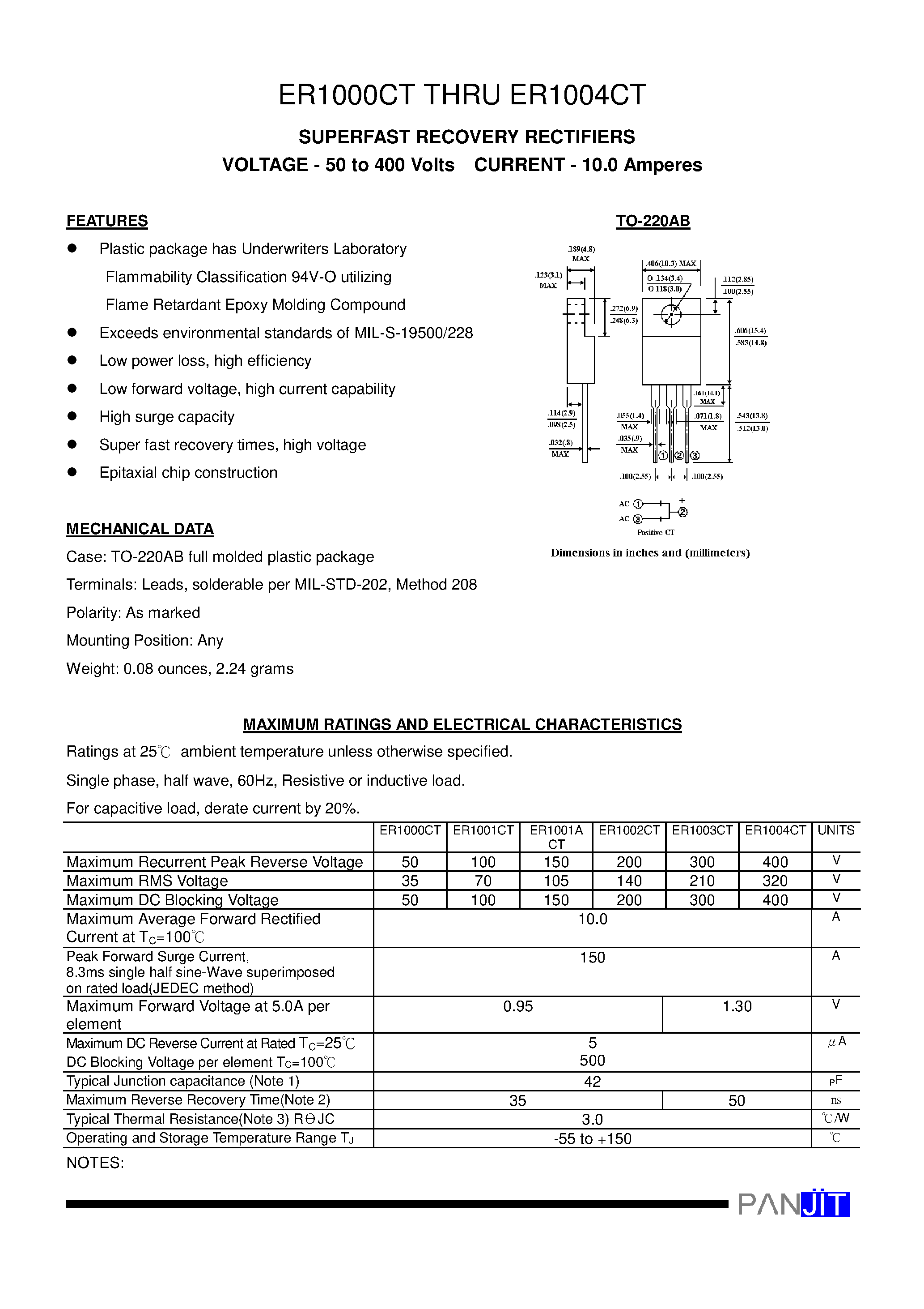 Даташит ER1004CT - SUPERFAST RECOVERY RECTIFIERS(VOLTAGE- 50 to 400 Volts CURRENT- 10.0 Amperes) страница 1