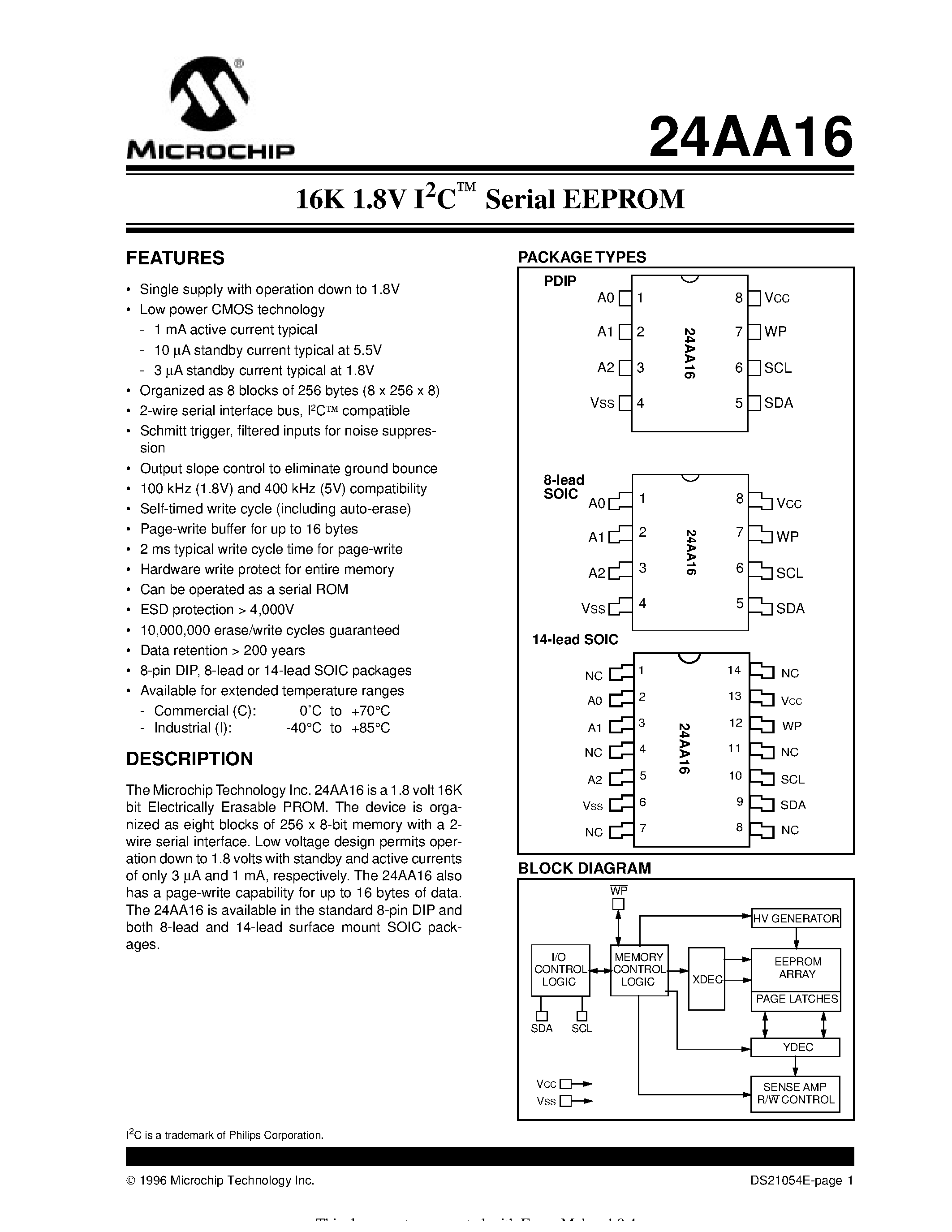 Даташит DS21054E - 16K 1.8V I2C SERIAL EEPROM страница 1