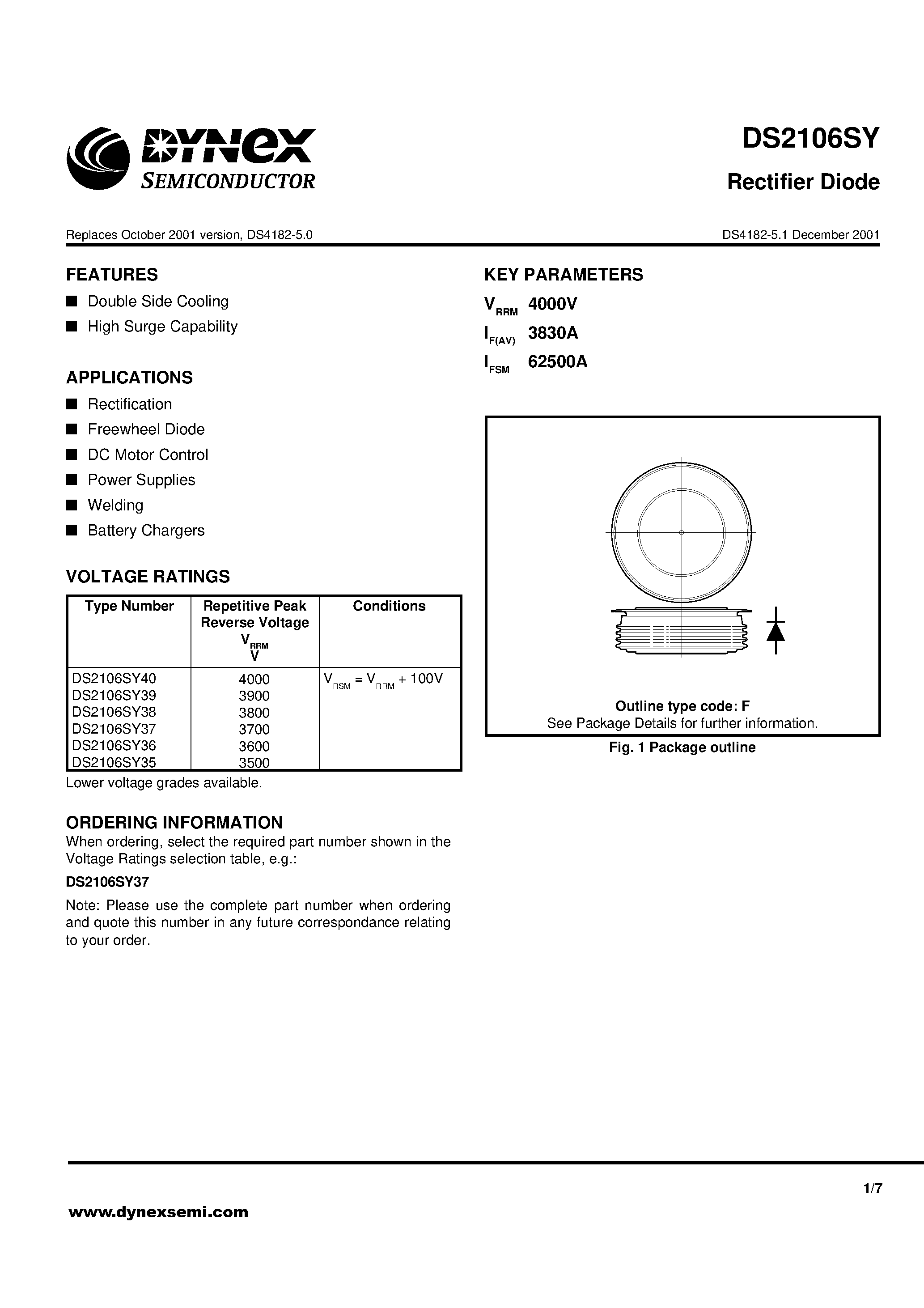 Datasheet DS2106SY39 page 1 Datasheet DS2106SY39 - Rectifier Diode page 1