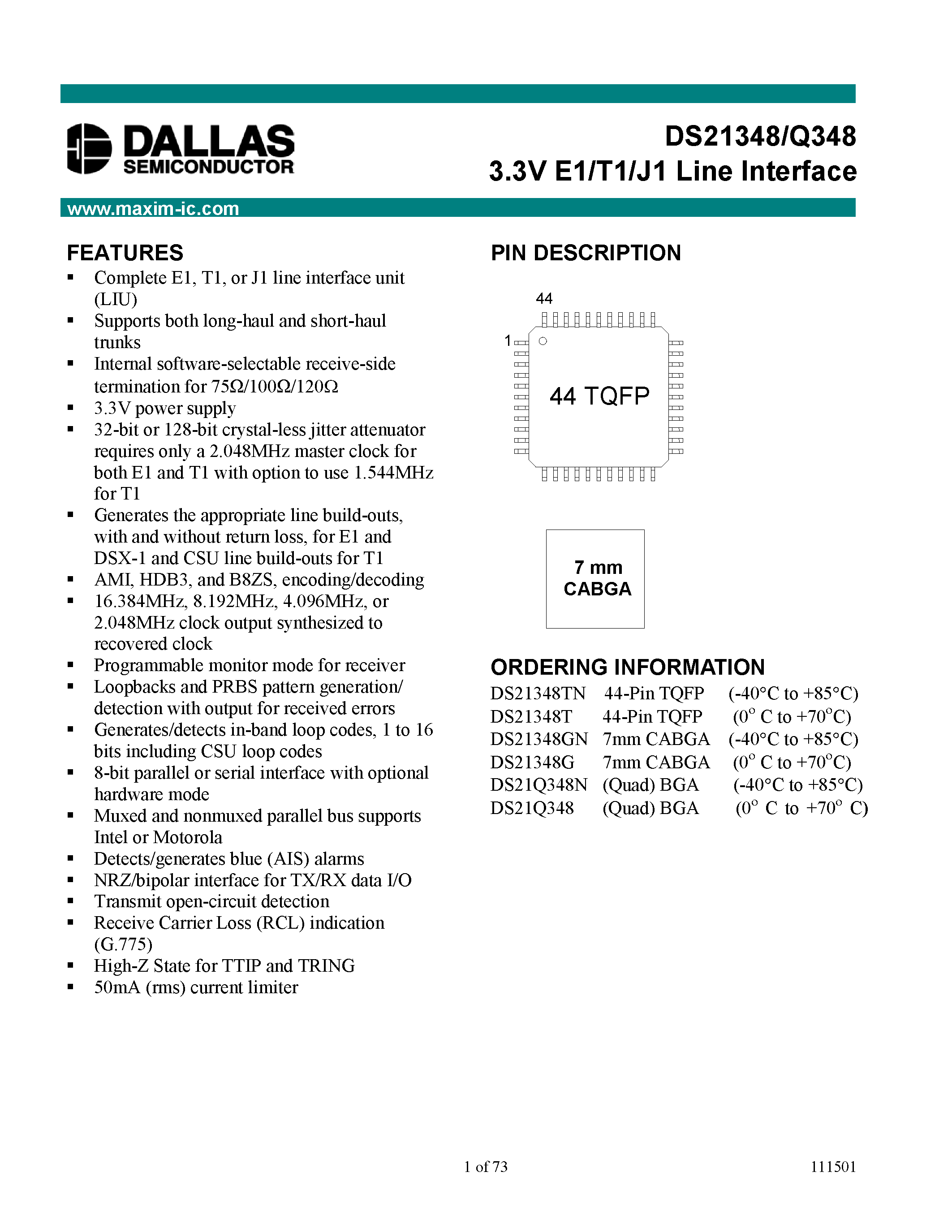Datasheet DS21348G page 1 Datasheet DS21348G - 3.3V E1/T1/J1 Line Interface page 1