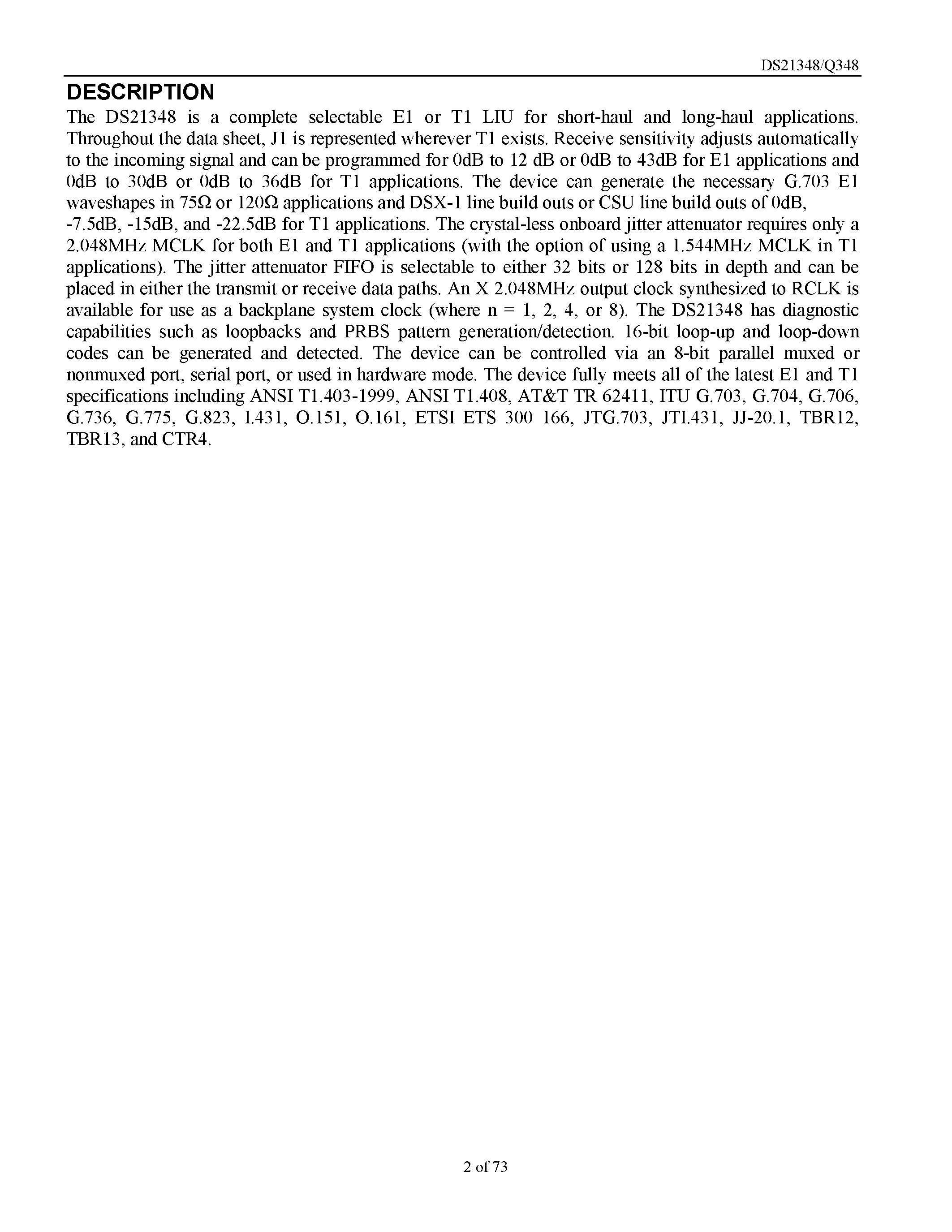 Datasheet DS21348G page 2 Datasheet DS21348G - 3.3V E1/T1/J1 Line Interface page 2