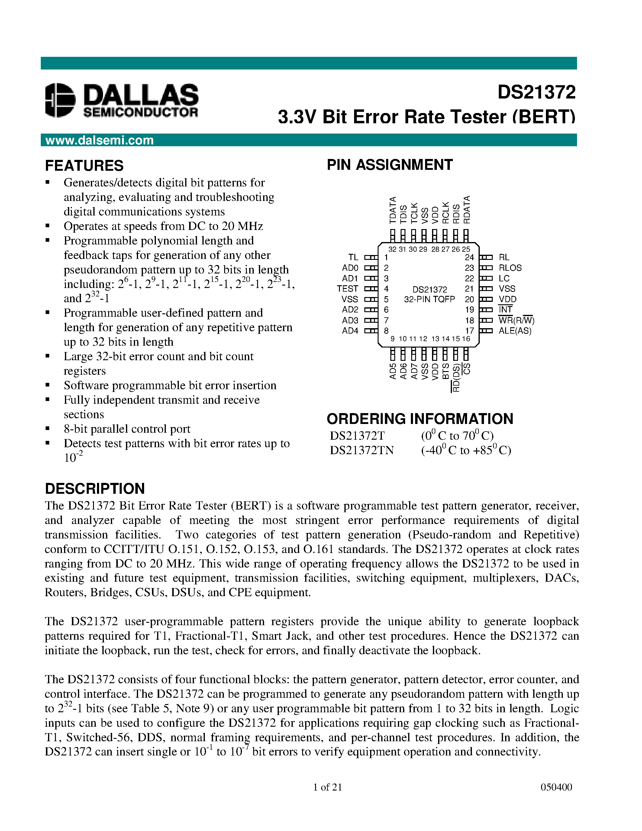 Datasheet DS21372T page 1 Datasheet DS21372T - 3.3V Bit Error Rate Tester BERT page 1