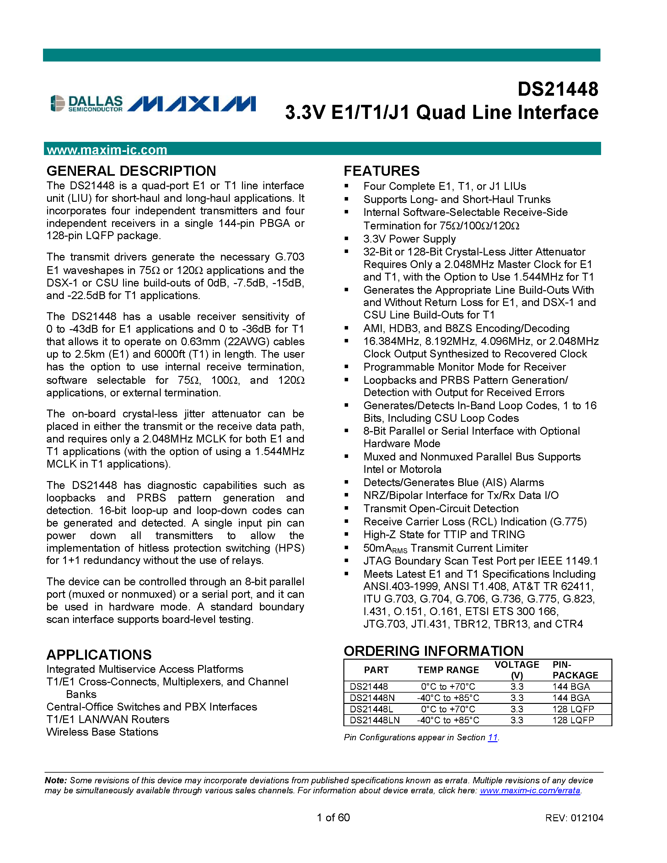 Datasheet DS21448N - 3.3V E1/T1/J1 Quad Line Interface page 1