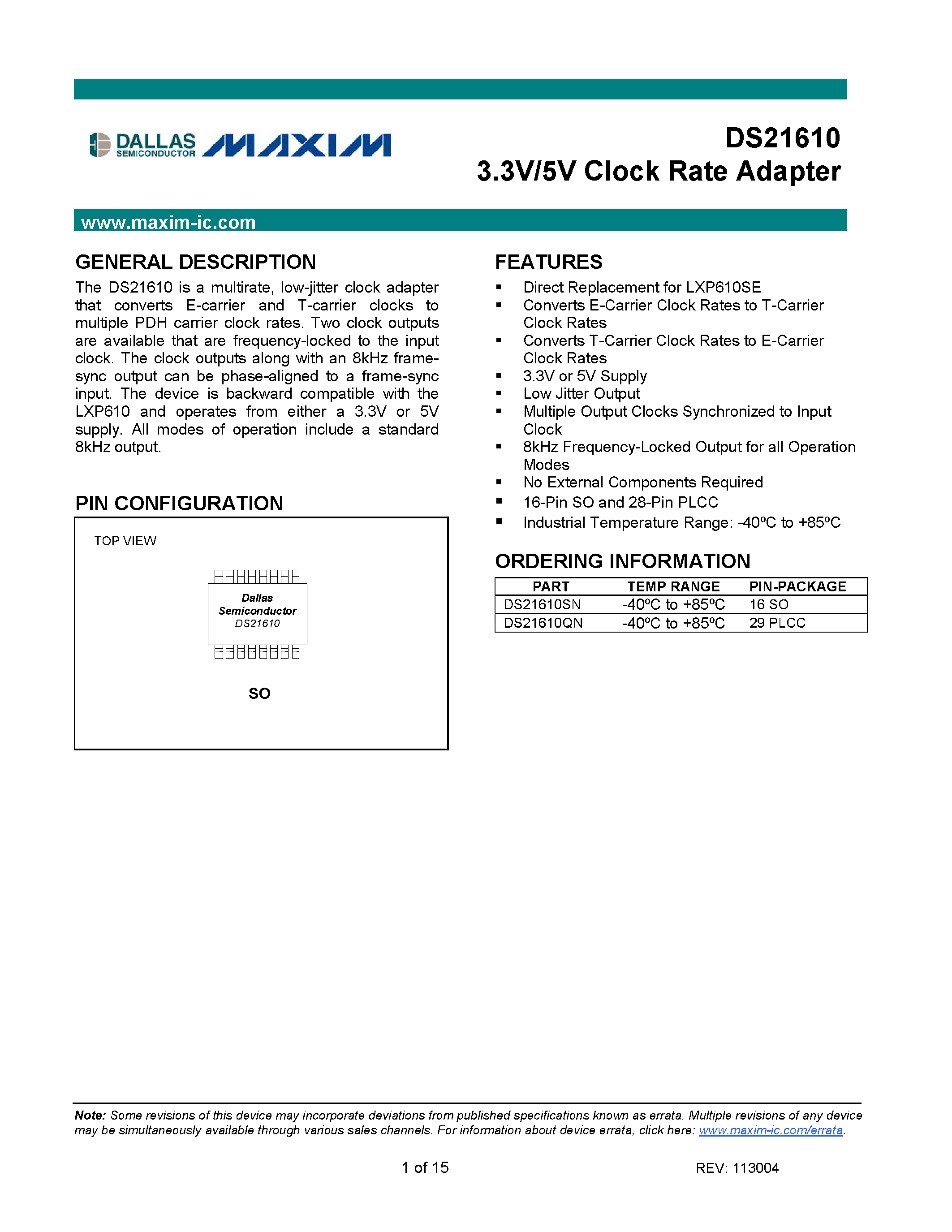 Datasheet DS21610QN page 1 Datasheet DS21610QN - 3.3V/5V Clock Rate Adapter page 1