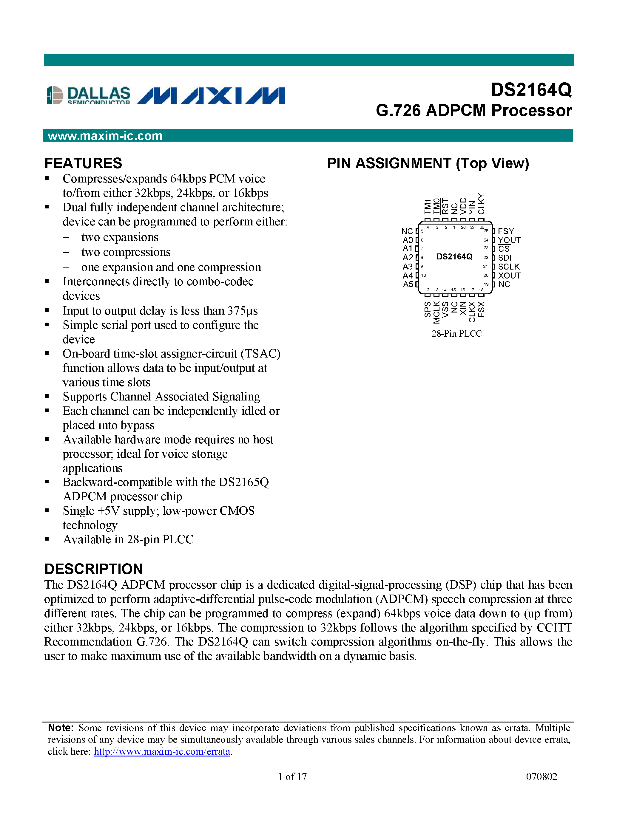 Datasheet DS2164Q page 1 Datasheet DS2164Q - G.726 ADPCM Processor page 1