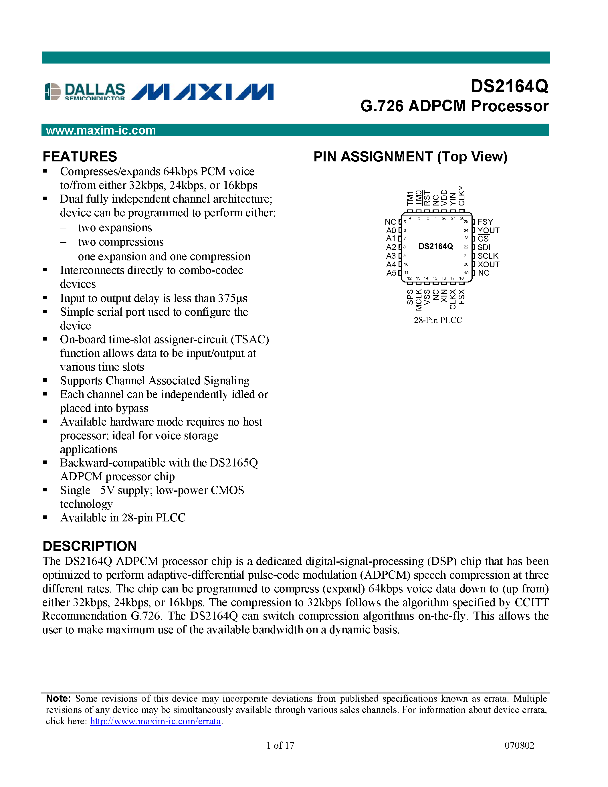 Даташит DS2164Q - G.726 ADPCM Processor страница 1